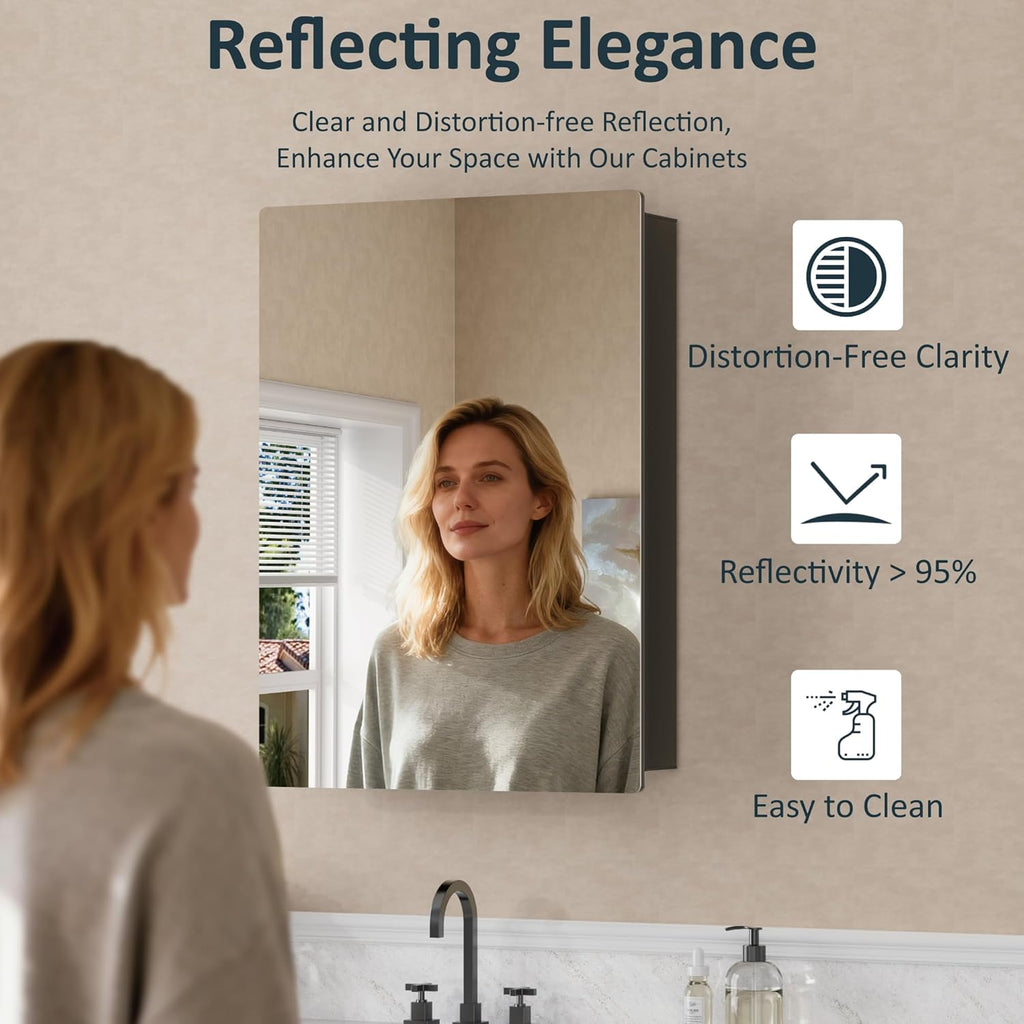 14”x24” Wall Mounted Medicine Cabinet with Mirror, 13.1” x 21.1” Recessed Bathroom Cabinets for Storage, Adjustable Tempered Glass Shelves, Soft-close DTC Hinges, HD Reflection, Pre-assembled, Black