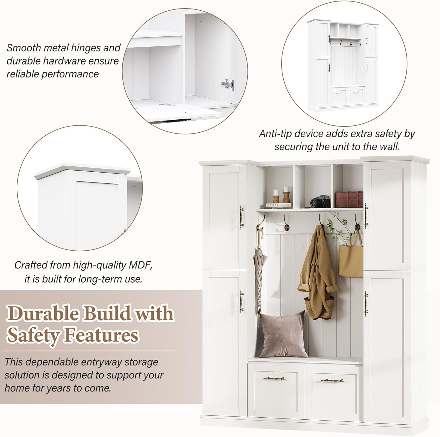 Farmhouse Elegant Hall Tree with 4 Side Cabinets, All-in-One Mudroom Furniture with Adjustable Shelves & Open Cubbies, Beadboard Entryway Bench with Coat Rack & 5 Hooks for Hallway (White-5.7)