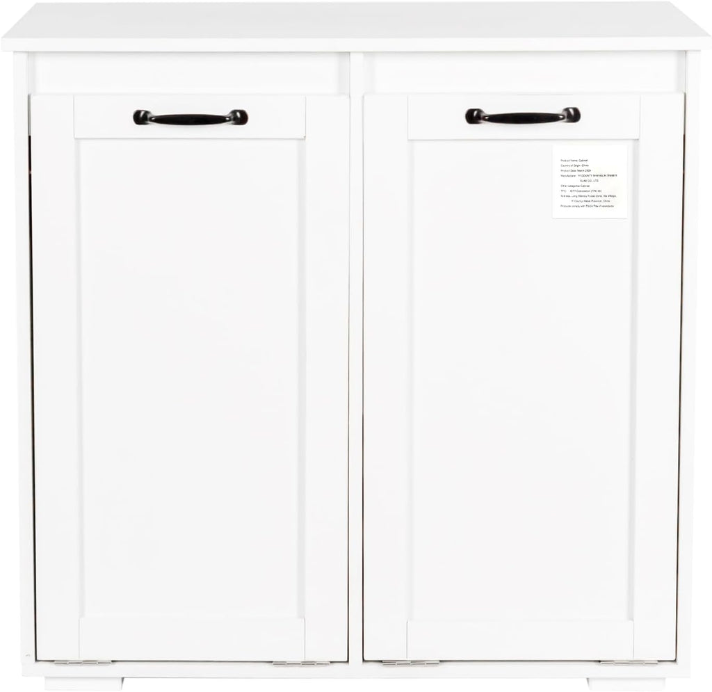 LUMISOL Double Tilt-Out Laundry Hamper Cabinet, Farmhouse Laundry Cabinet with Hidden Fabric Baskets, Wooden Bathroom Storage Cabinet with Doors for Living Room, Kitchen, White