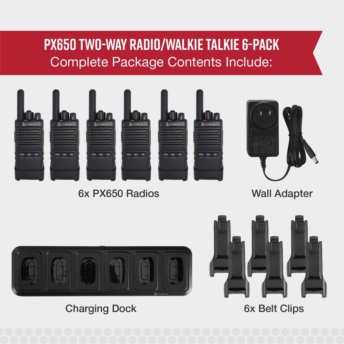 Cobra PX650 BCH6 - Professional/Business Walkie Talkies - Rechargeable, 300,000 sq. ft/25 Floor Range, Dust Protected and Splashproof (IP54 rating), Two-Way Radio Set (6-Pack)