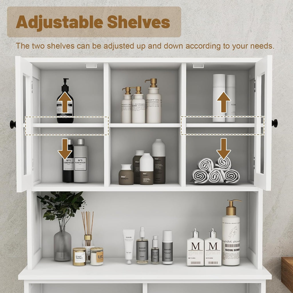 Tilt-Out Laundry Hamper Cabinet with Glass Doors – 60” Tall Bathroom Storage Organizer, 2 Pull-Out Baskets, Adjustable Shelves, Fits Bathroom & Balcony (White)