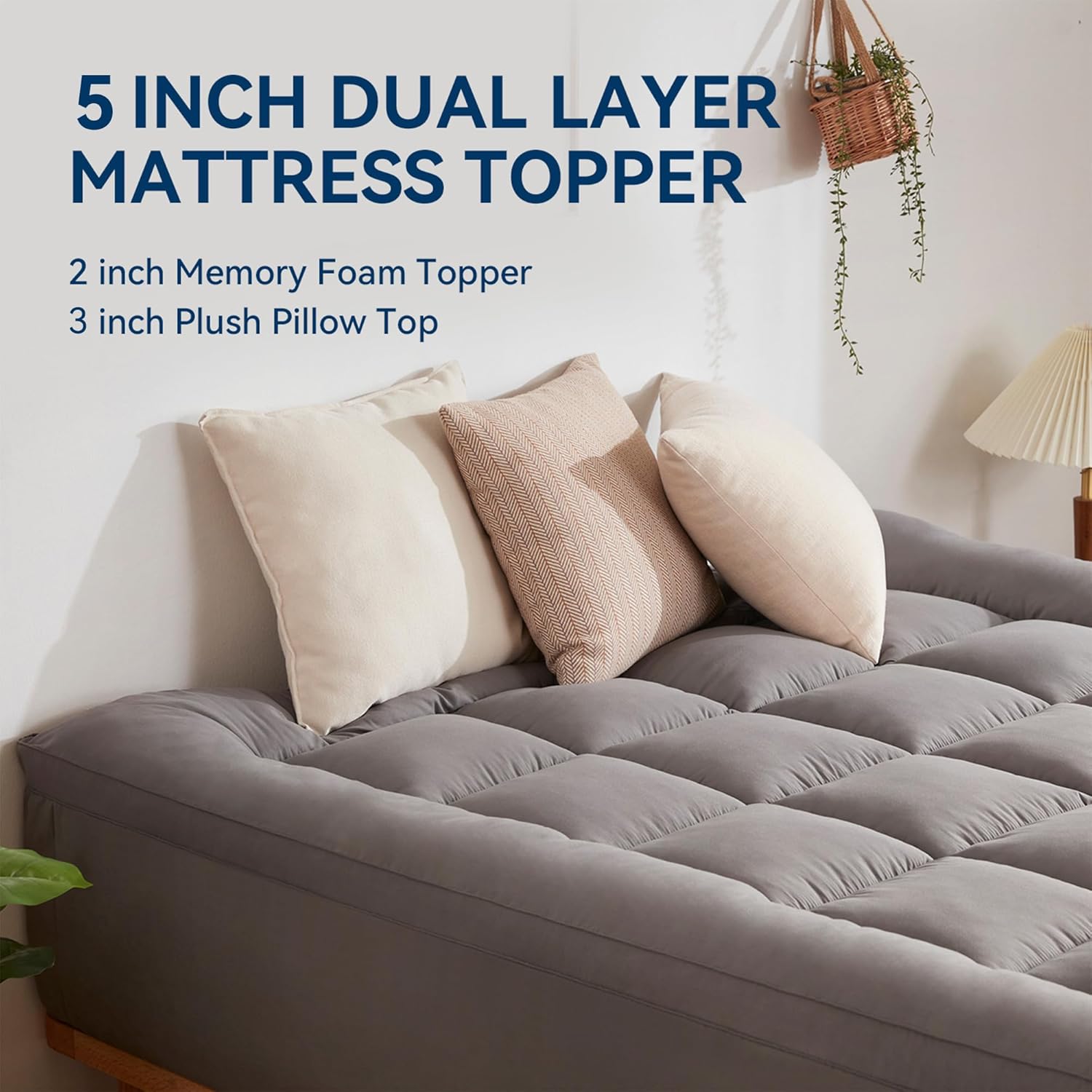 BDEUS Dual Layer 5 Inch Memory Foam Mattress Topper King Size, 2 Inch Gel Memory Foam Plus 3 Inch 1450 GSM Down Alternative Quilted Pillow Top Mattress Pad Cover,Dark Gray