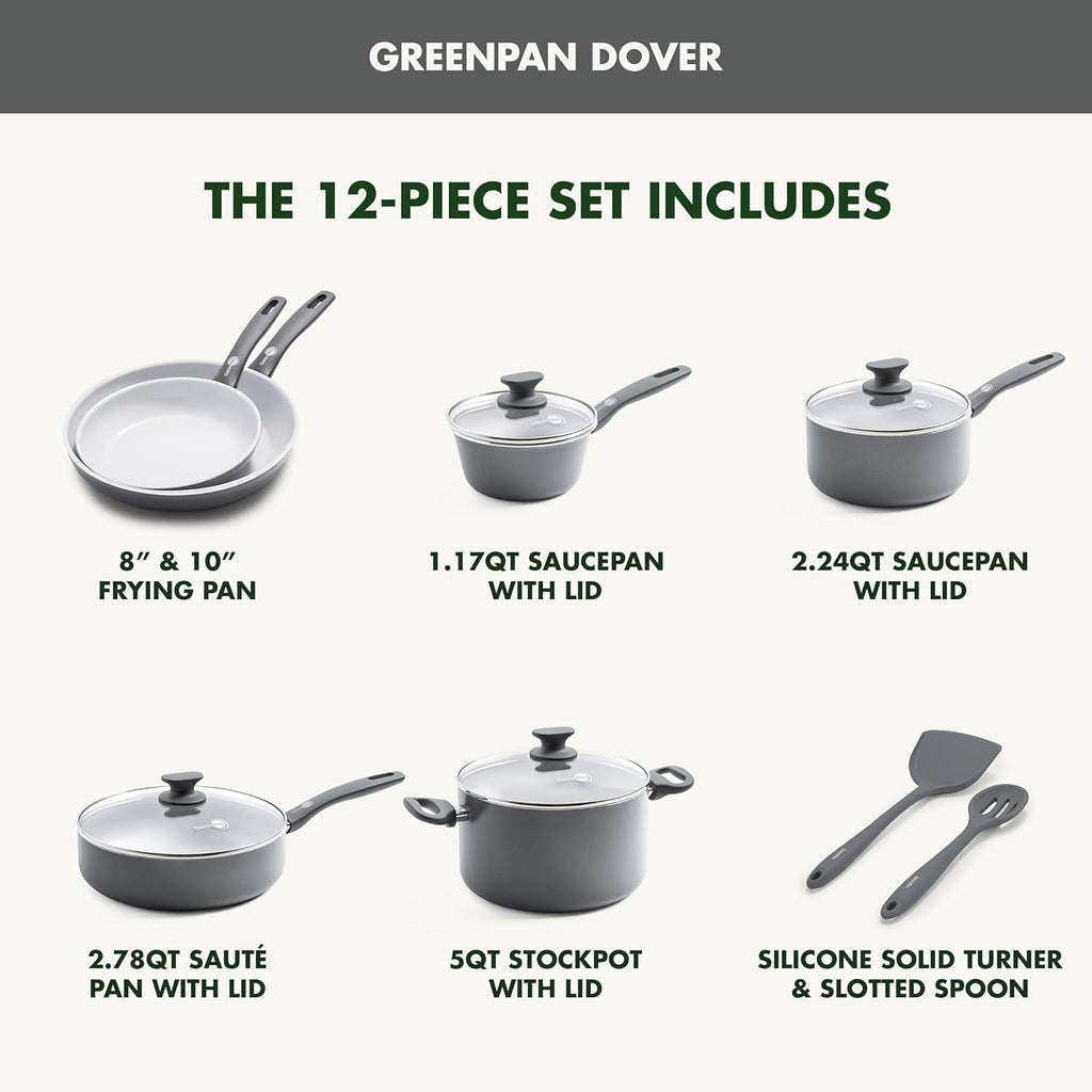 GreenPan Dover Healthy Ceramic Nonstick, 12 Piece Cookware Pots and Pans Set, PFAS-Free, Dishwasher Safe, Comfort Grip Handle, Gray