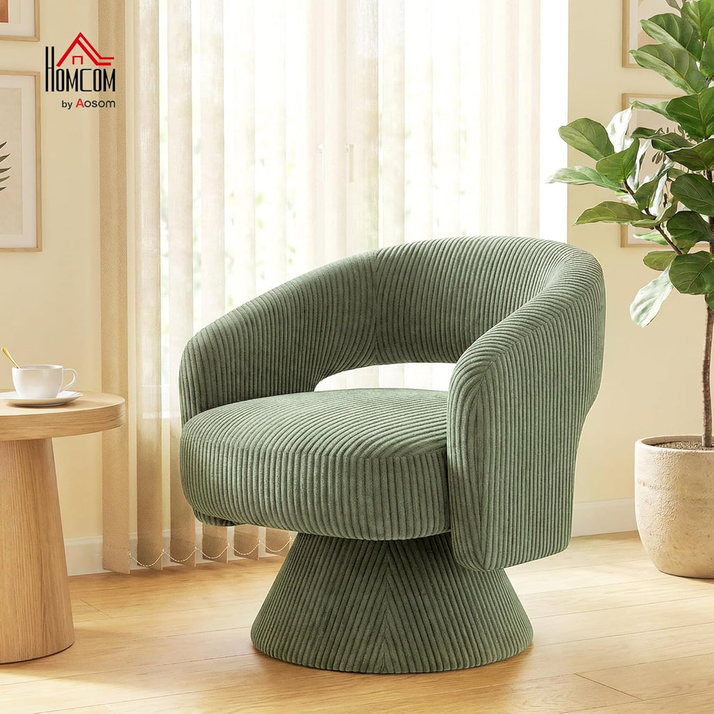 HOMCOM 360° Swivel Accent Chair, Corduroy Upholstered Barrel Chair, Modern Armchair with Thick Padding for Living Room, Bedroom, Reading Room, Green