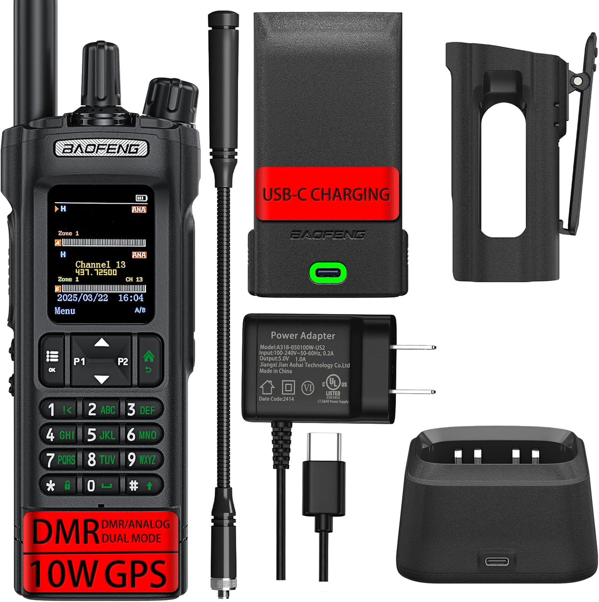BAOFENG DM32 Dmr Radio,DM-32 Handheld Radio with USB-C Charging, GPS, 10W Long Range DM32UV Walkie Talkie for Emergency Rescue & Outdoor Sports (1Pack Black+Gooseneck Antenna+Radio Holster)