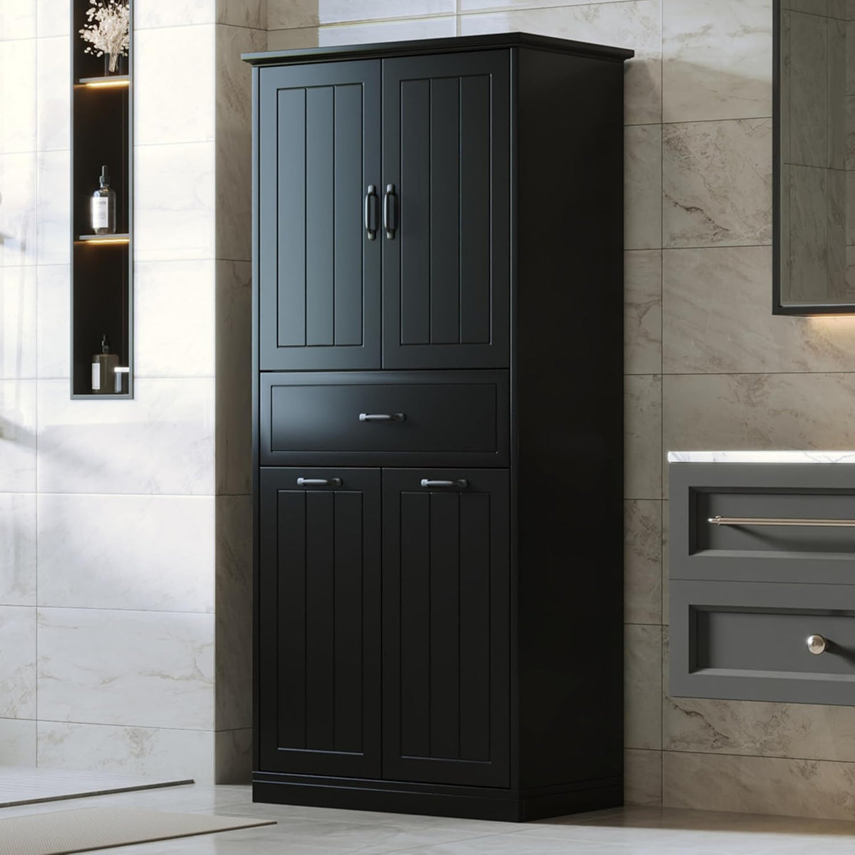 Virubi Tall Laundry Cabinet with 2 Tilt Out Laundry Hamper, Modern Wood Bathroom Storage Cabinet with Drawers, Doors and Adjustable Shelves for Home, Freestanding