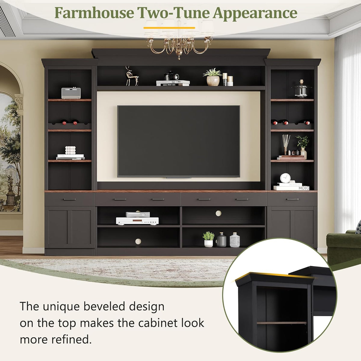 Merax Minimalist Entertainment Wall Unit Set with Ample Storage Space and Adjustable Shelves, TV Stand for Televisions Up to 70'', Mid-Century Large Media Console with Wine Rack for Living Room, Black