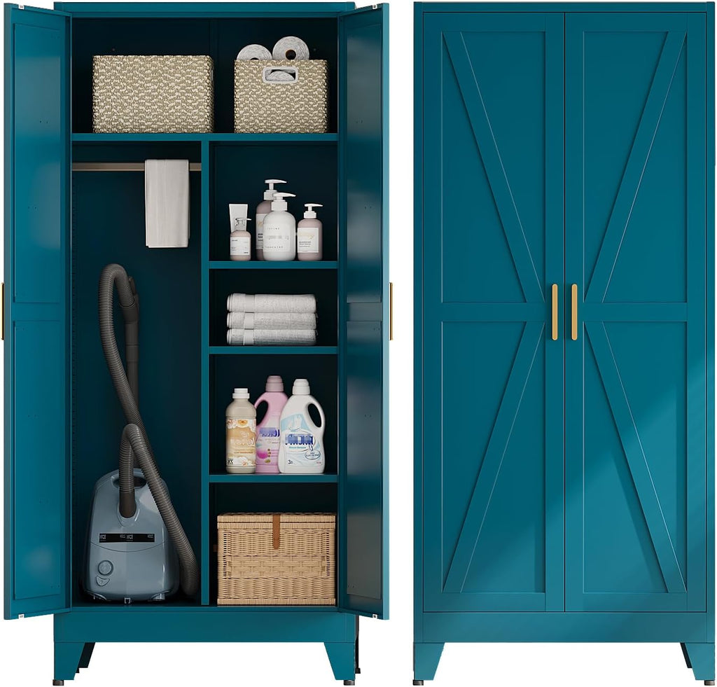 Metal Combination Cabinet, Utility Storage Cabinet with 4 Shelves, Farmhouse Pantry Closet with Doors, 71" Tall Storage Cabinets with Hanging Rod and Clothing Shelf for Bedroom Closet Laundry Mudroom
