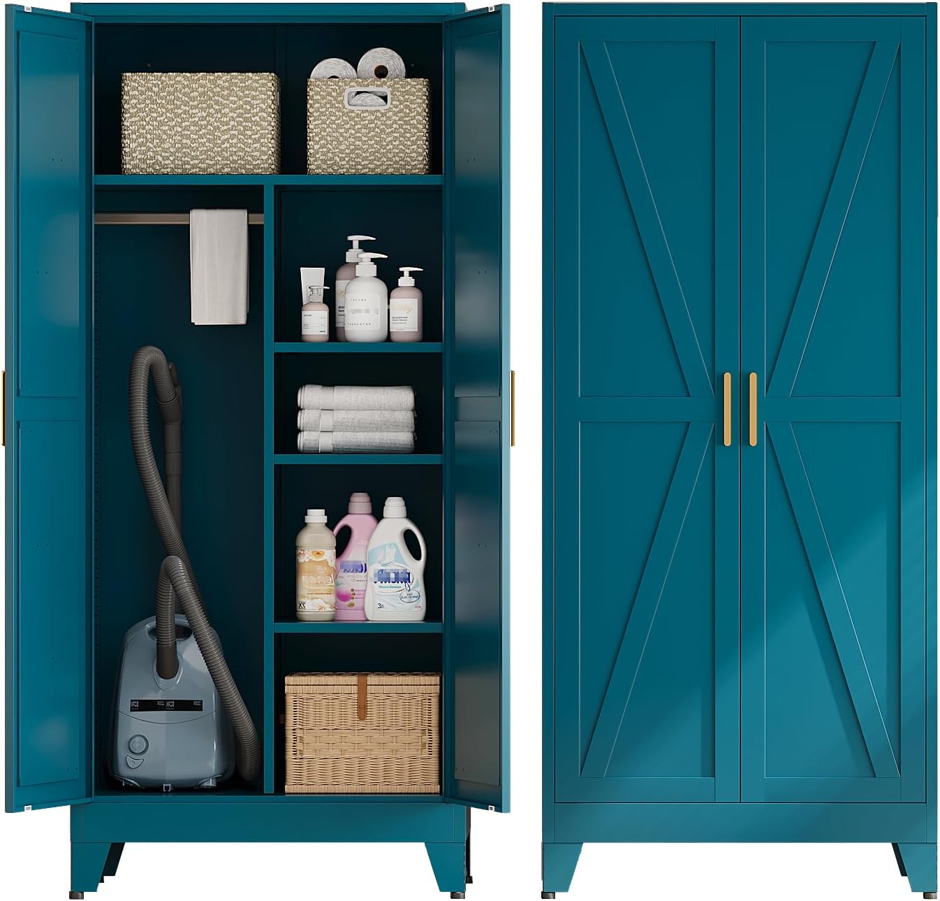 Metal Combination Cabinet, Utility Storage Cabinet with 4 Shelves, Farmhouse Pantry Closet with Doors, 71" Tall Storage Cabinets with Hanging Rod and Clothing Shelf for Bedroom Closet Laundry Mudroom