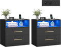 VASAGLE Custos Collection - Set of 2, 23.6 Inch Wide Nightstands with Charging Station, LED Lights, Modern Night Stands, Side End Tables with Drawers, Open Shelf, 2 AC Outlets USB Ports, Ink Black