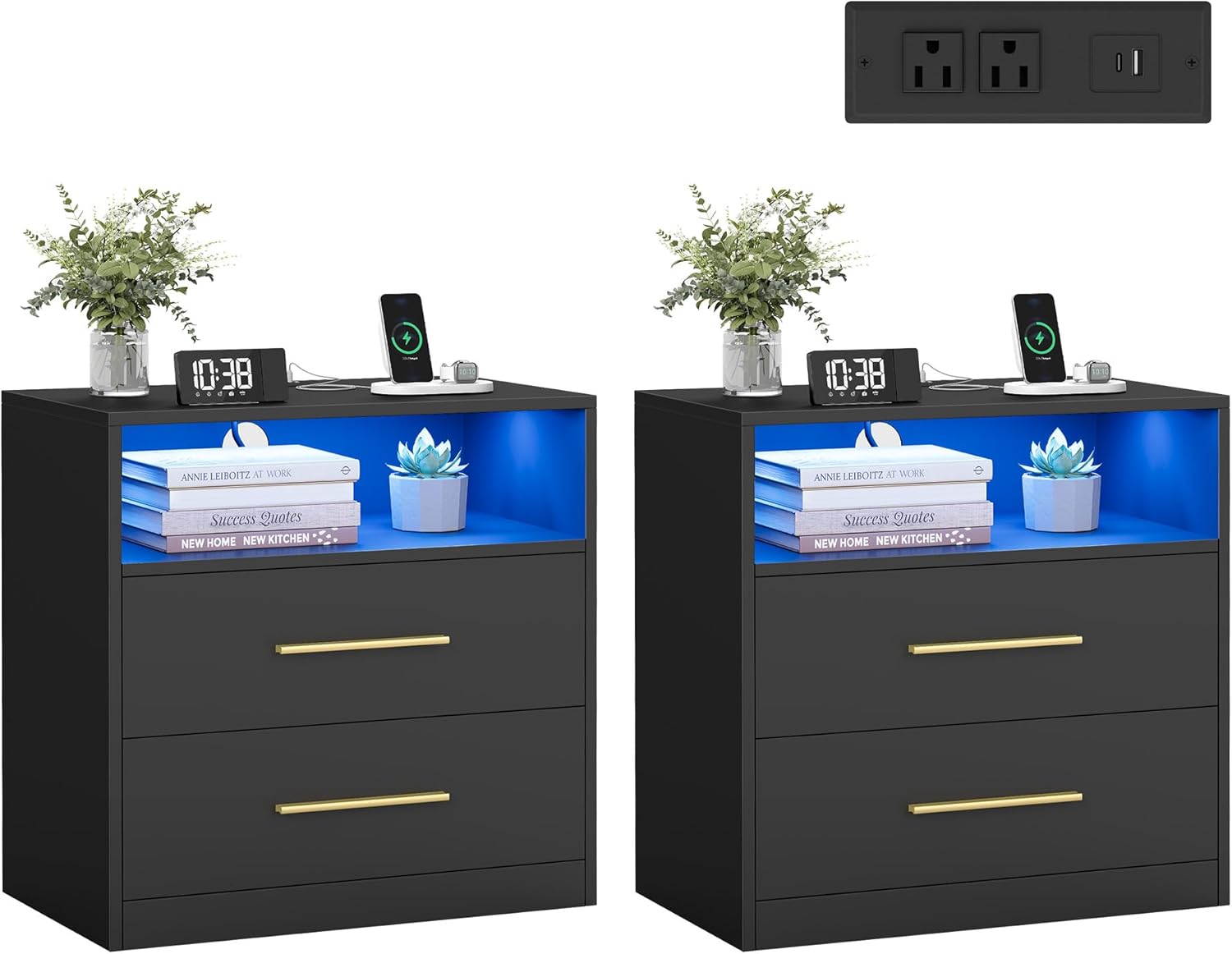 VASAGLE Custos Collection - Set of 2, 23.6 Inch Wide Nightstands with Charging Station, LED Lights, Modern Night Stands, Side End Tables with Drawers, Open Shelf, 2 AC Outlets USB Ports, Ink Black