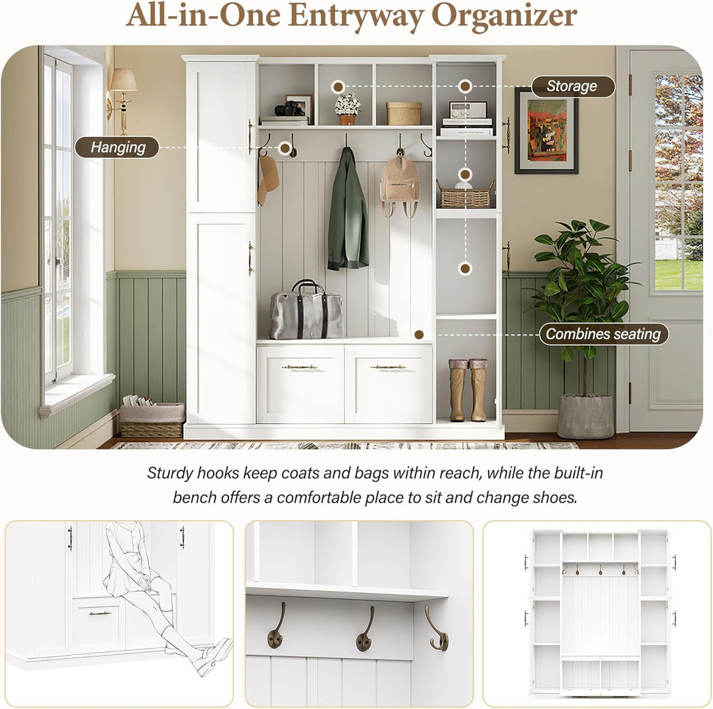 Farmhouse Elegant Hall Tree with 4 Side Cabinets, All-in-One Mudroom Furniture with Adjustable Shelves & Open Cubbies, Beadboard Entryway Bench with Coat Rack & 5 Hooks for Hallway (White-5.7)