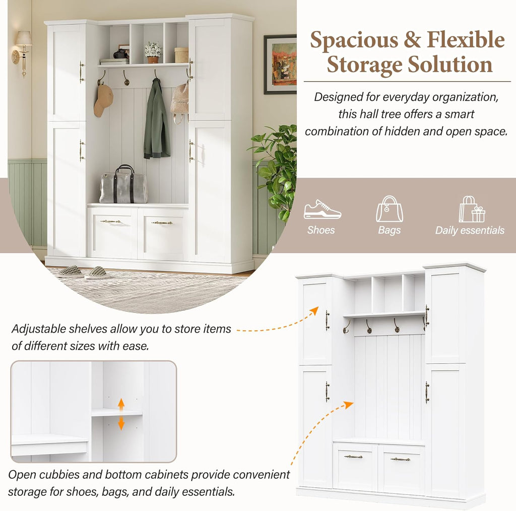 Farmhouse Elegant Hall Tree with 4 Side Cabinets, All-in-One Mudroom Furniture with Adjustable Shelves & Open Cubbies, Beadboard Entryway Bench with Coat Rack & 5 Hooks for Hallway (White-5.7)