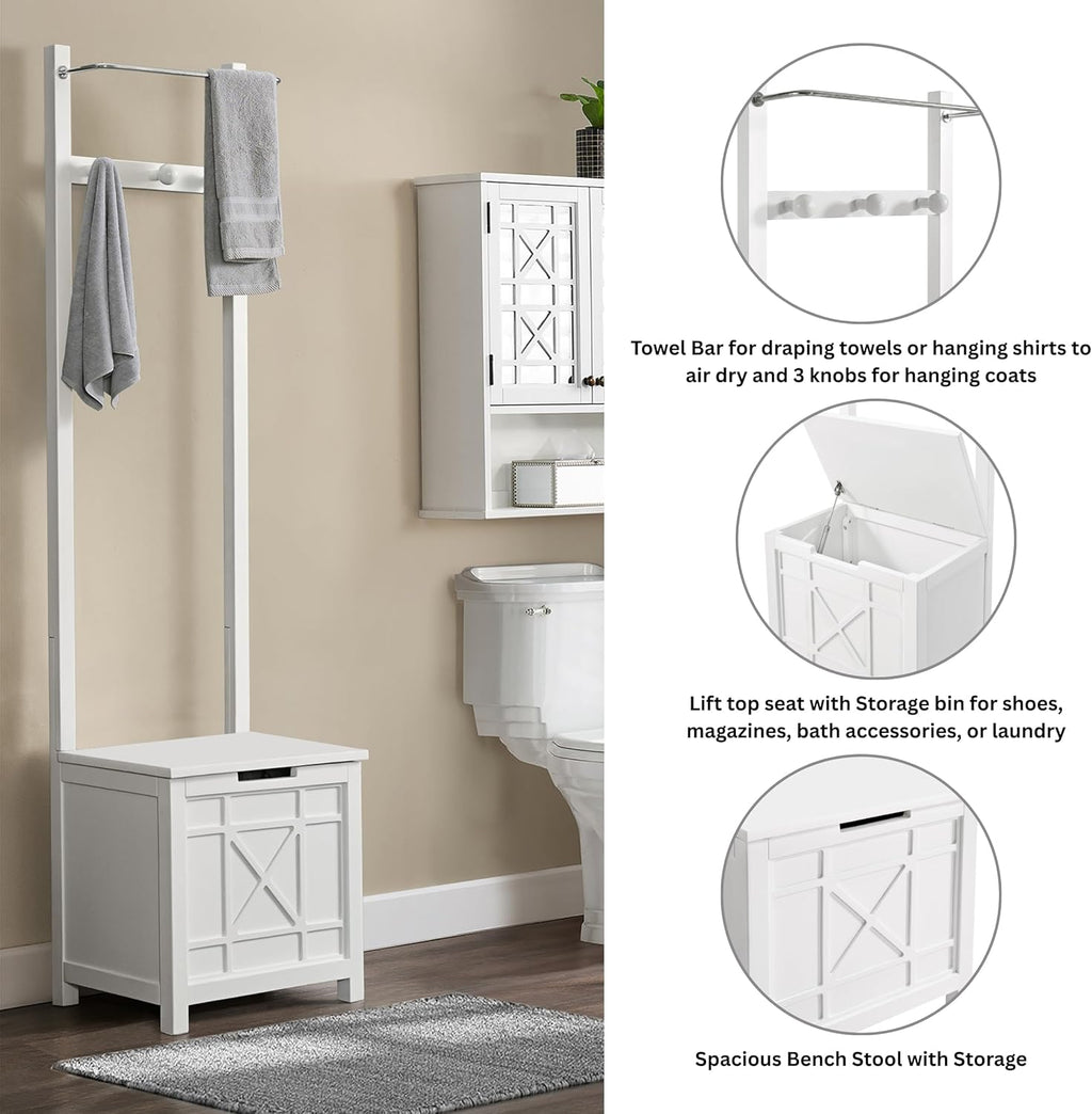 Derby Laundry Hamper with Towel Rack - Stool for Entryway, Laundry Room, or Bathroom Storage (White)