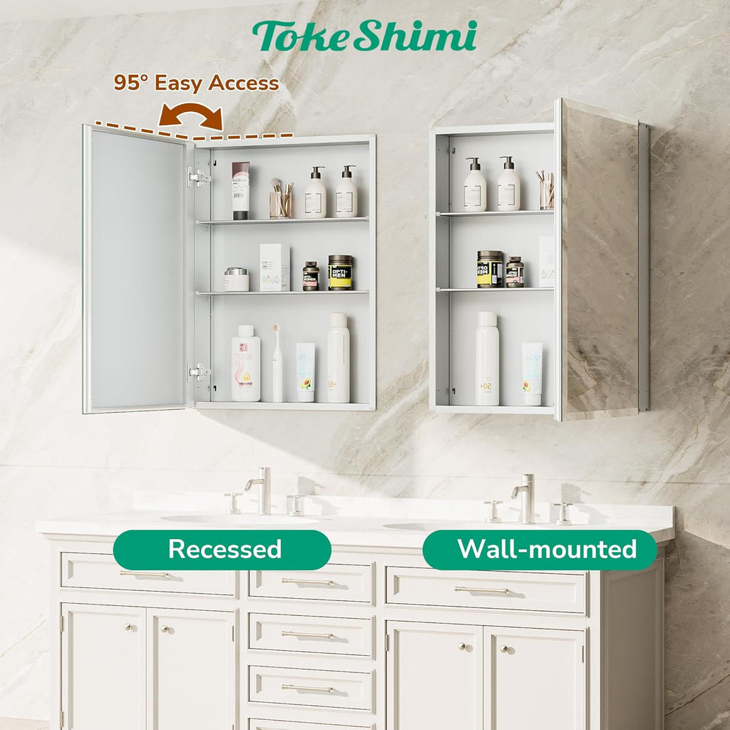 TokeShimi 20 x 28 Medicine Cabinet for Bathroom, Silver Recessed Medicine Cabinet with Tempered Beveled Mirror, Stepless Adjustable Shelves, DTC Hinge, Recessed/Wall Mounted