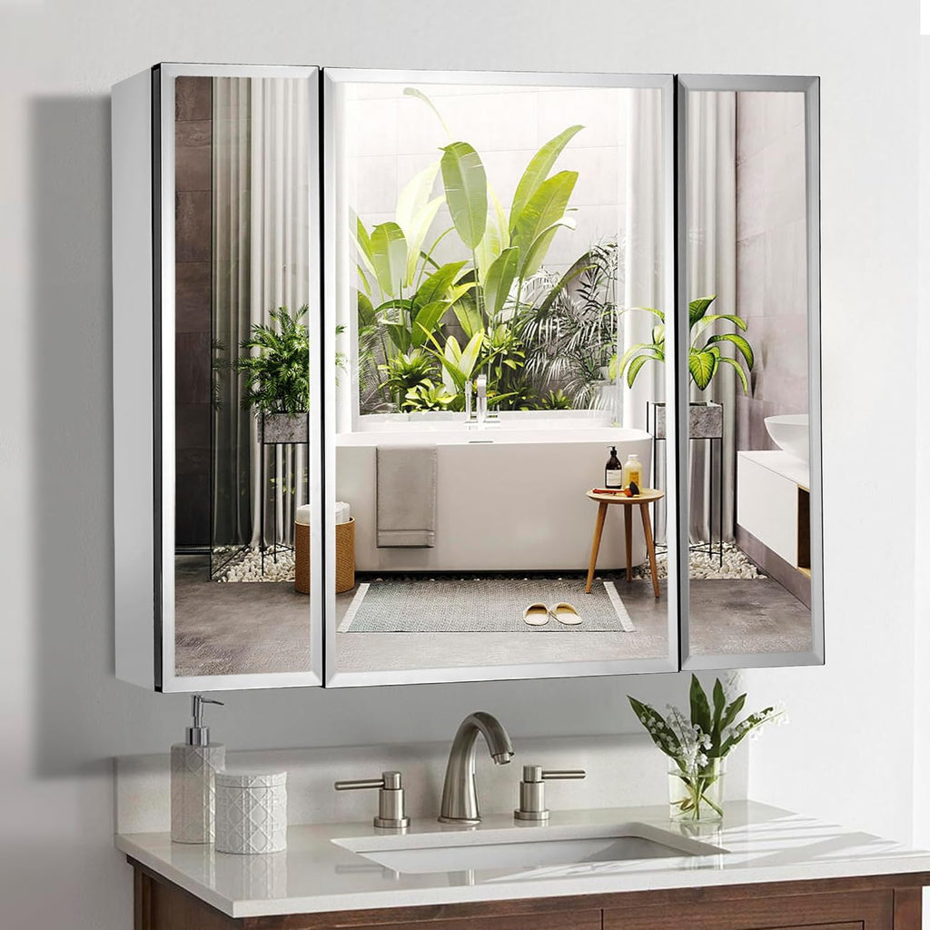 Movo Double Doors Medicine Cabinet with Mirror, 36 inch X 26 inch Aluminum Bathroom Medicine Cabinet, Adjustable Glass Shelves, Waterproof and Rust-Resist, Recess or Surface Mount Installation,Silver