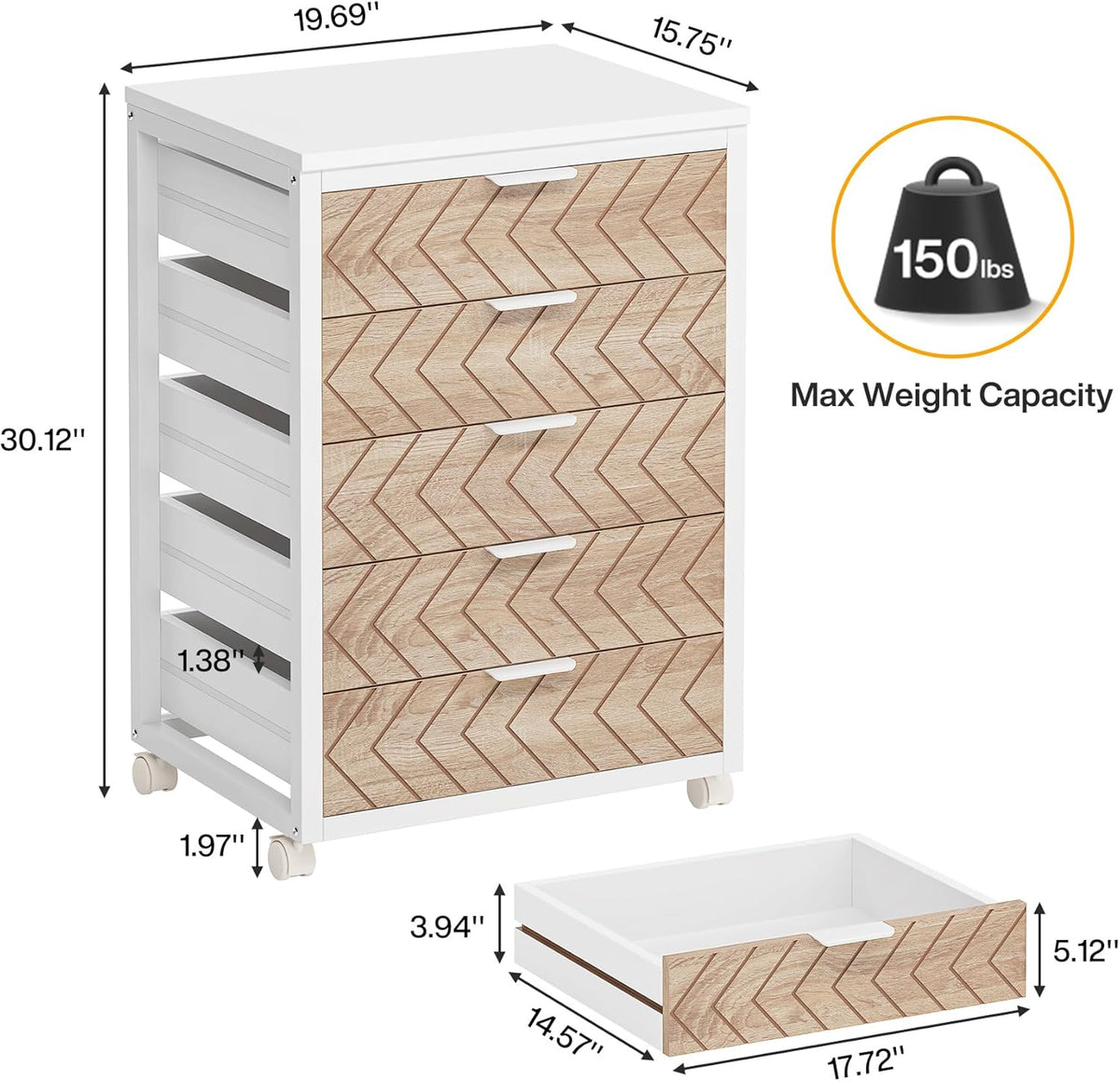 Tribesigns 5-Drawer File Cabinet, Wood Mobile Storage Drawer Unit, Industrial Office Cabinet with Drawers & Wheels, Rolling Printer Stand for Home Office, Beige & White