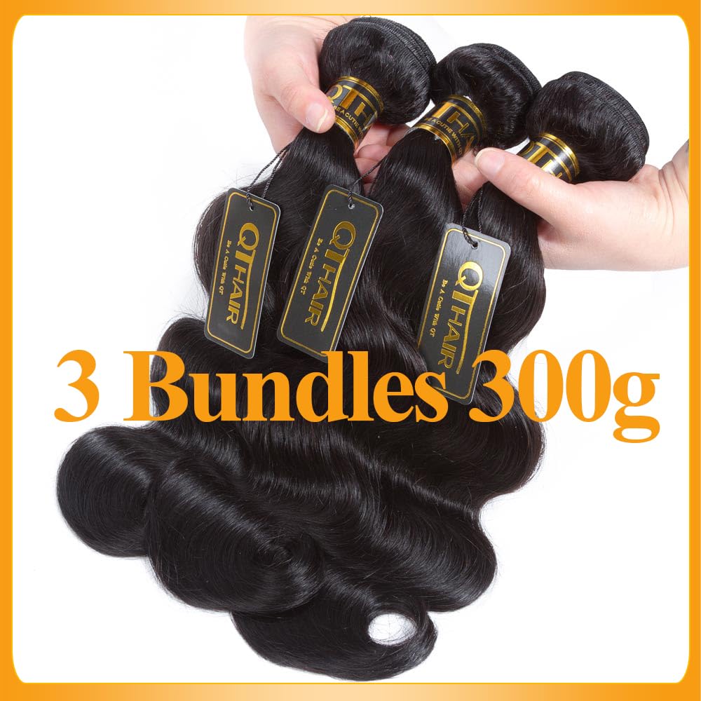 QTHAIR Brazilian Virgin Hair 18A Grade Body Wave Bundles 100% Unprocessed Virgin Brazilian Body Wavy Human Hair Bundles 20" 18" 16" 300g Brazilian Body Wave Human Hair Extensions