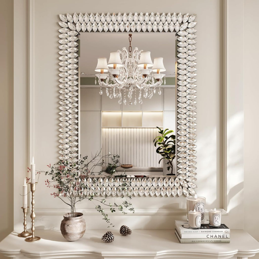 Kelly Miller 30"x40" Jeweled Bathroom Wall Mirror, Large Rectangle Decorative Mirror Luxury Vanity Mirror with Diamonds for Master Bath Half Bath Living Room Bedroom Fireplace Mantle Entryway