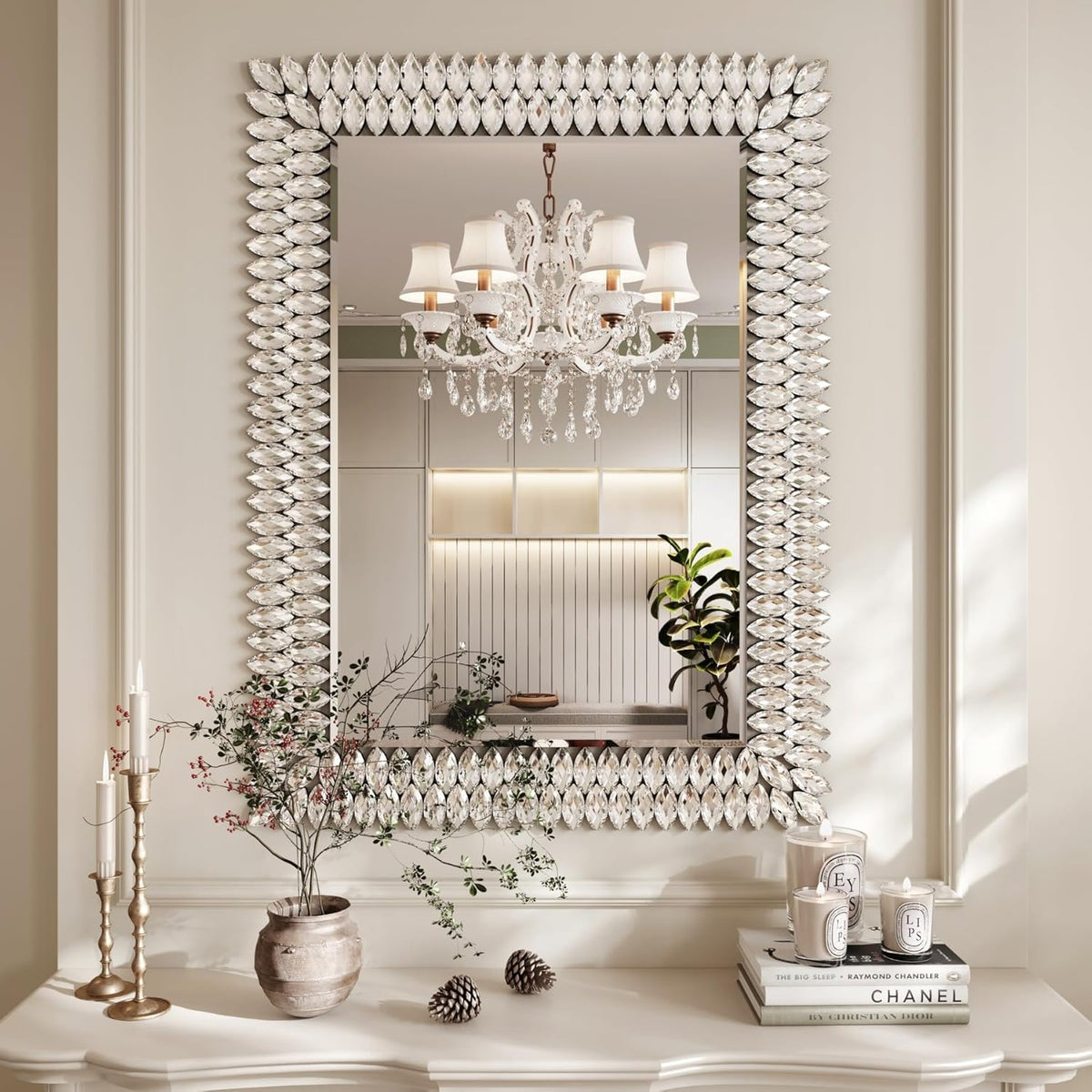 Kelly Miller 30"x40" Jeweled Bathroom Wall Mirror, Large Rectangle Decorative Mirror Luxury Vanity Mirror with Diamonds for Master Bath Half Bath Living Room Bedroom Fireplace Mantle Entryway