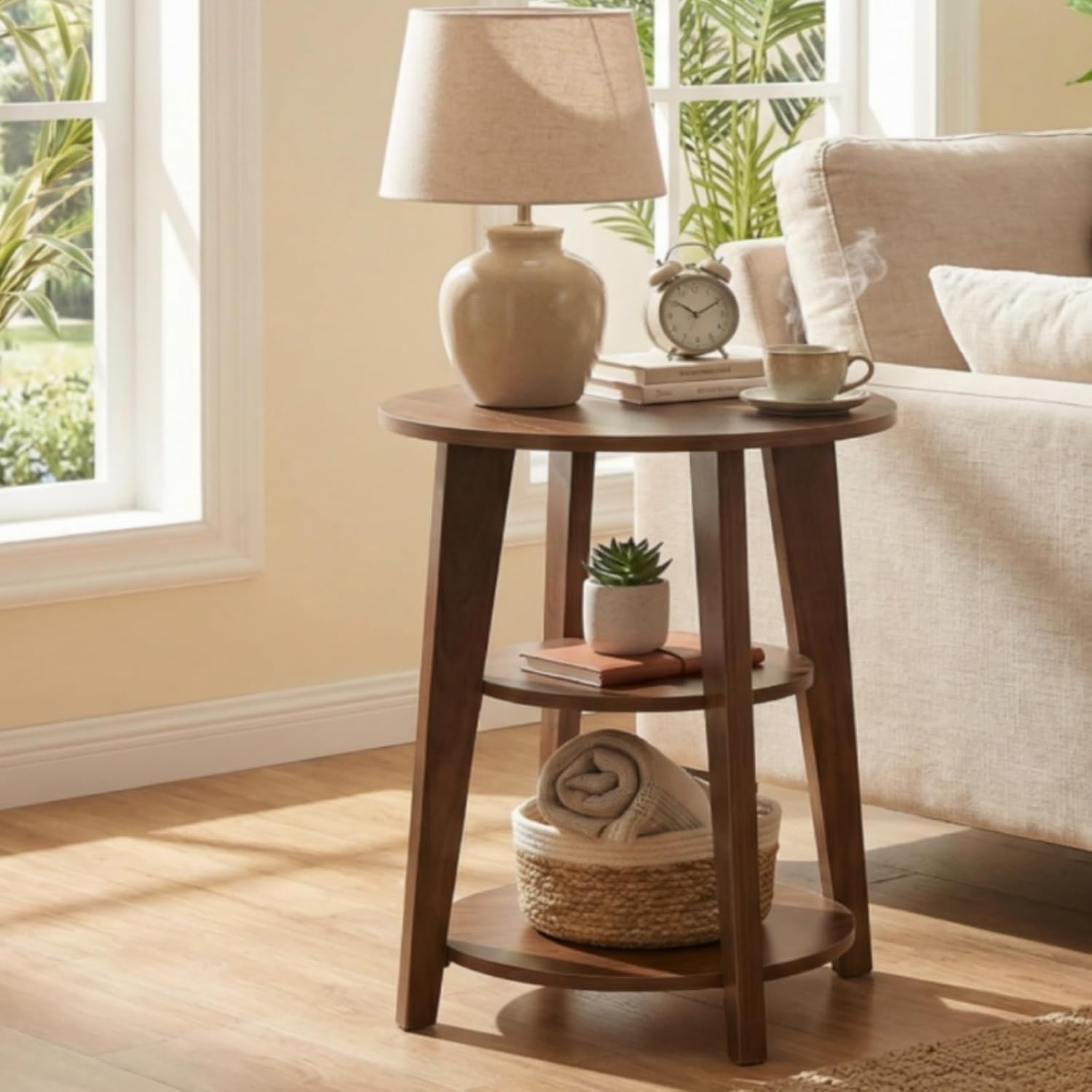 3-Tier Round Side Table - 23.6" Tall End Table with Storage Shelves - Waterproof Modern Nightstand for Living Room Bedroom Small Spaces (Walnut)
