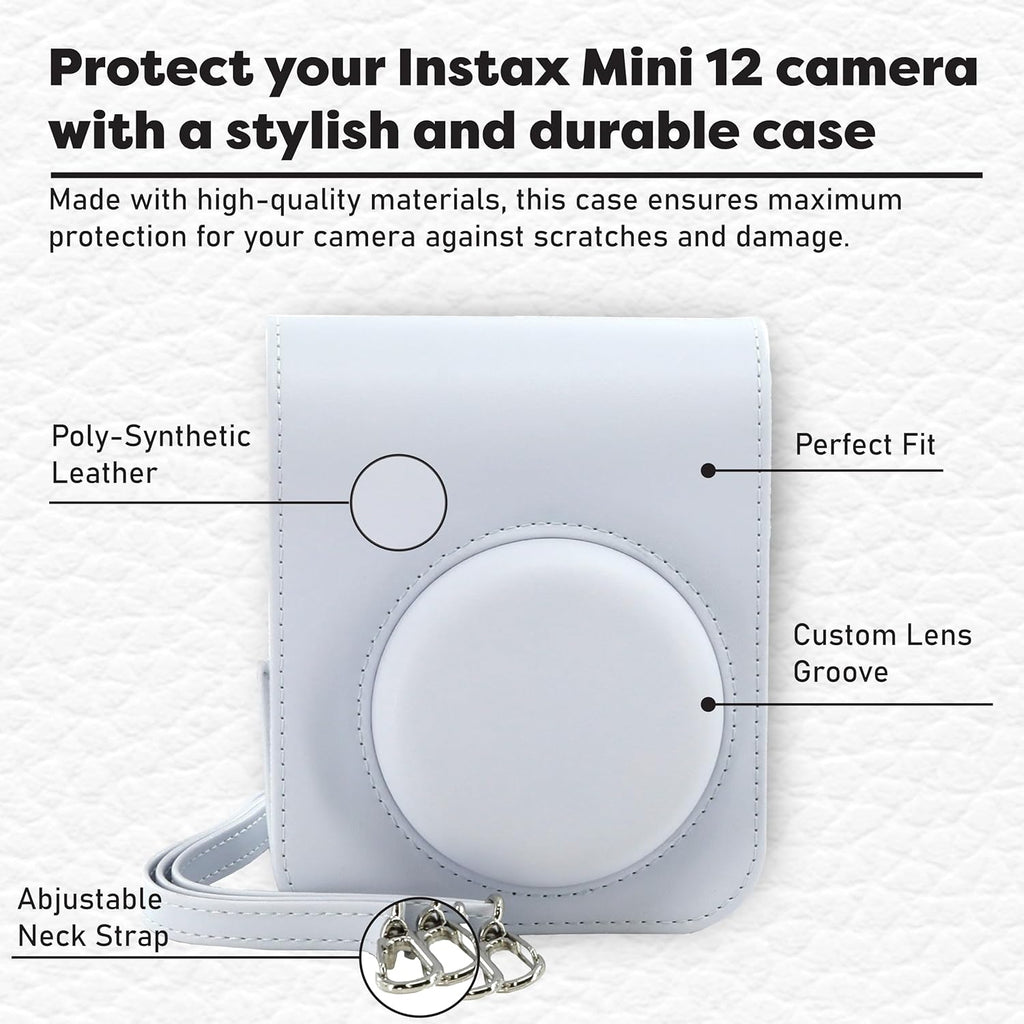 Fujifilm Instax Mini 12 Instant Camera Bundle with Fujifilm Instax Mini Instant Film Value Pack (60 Sheets) with Accessories Including Protective Case, Strap, Photo Album (Clay White)