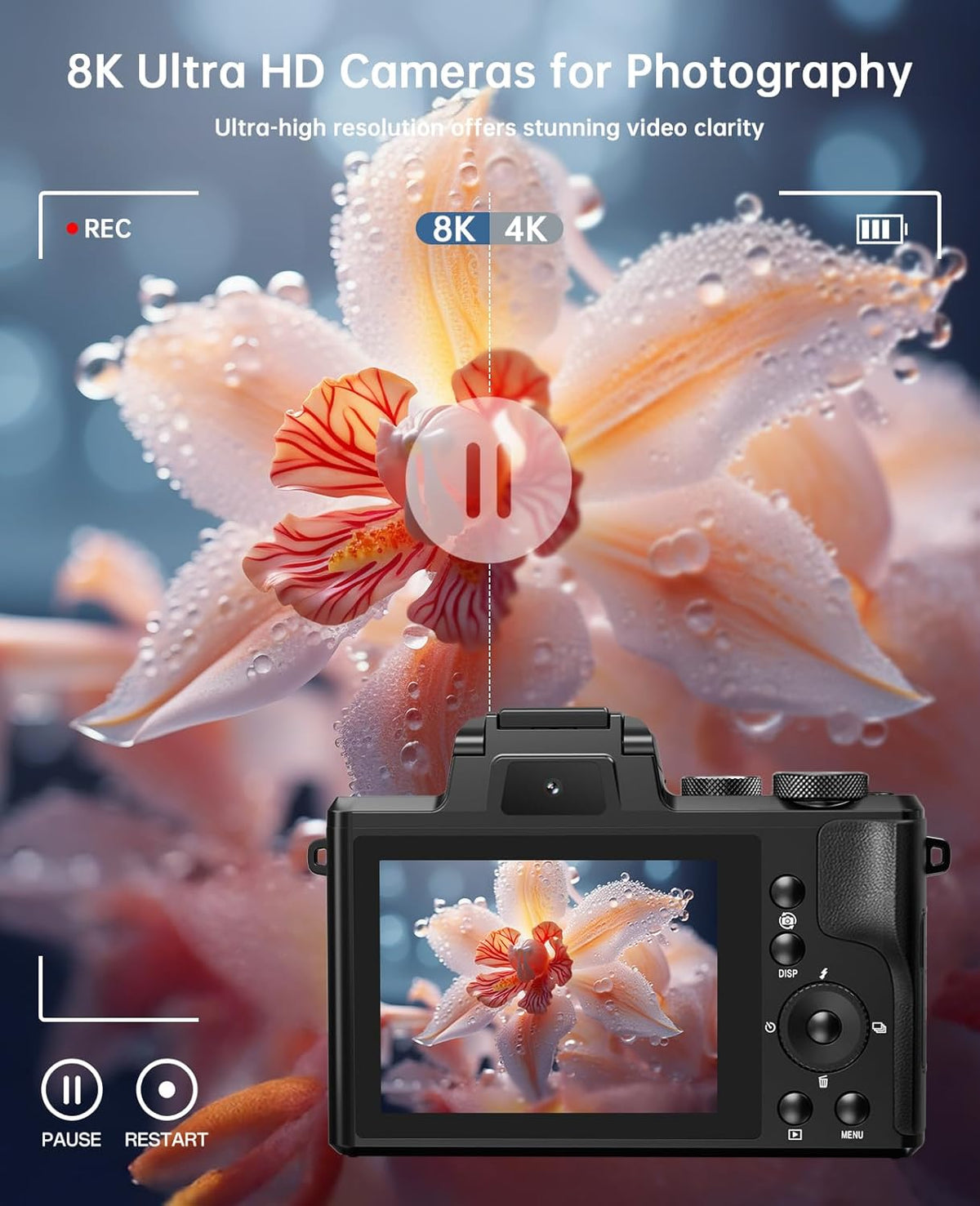 XNSIAKXA 8K Digital Cameras for Photography Autofocus 88MP WiFi Professional 16X Digital Zoom Photography Camera with Dual-Lens for YouTube with Lens Hood, Touch Screen, 2 Batteries & Charging Stand