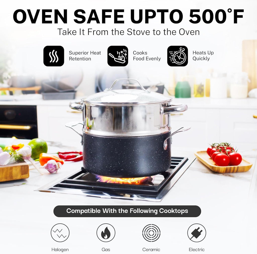 Granitestone 20 Pc Pots and Pans Set Nonstick Kitchen Cookware Set with Frying Pan, Bakeware & Steamer, Diamond Infused, Non Toxic PFOA PFOS Free, Metal Utensil Safe, Oven & Dishwasher Safe, Black