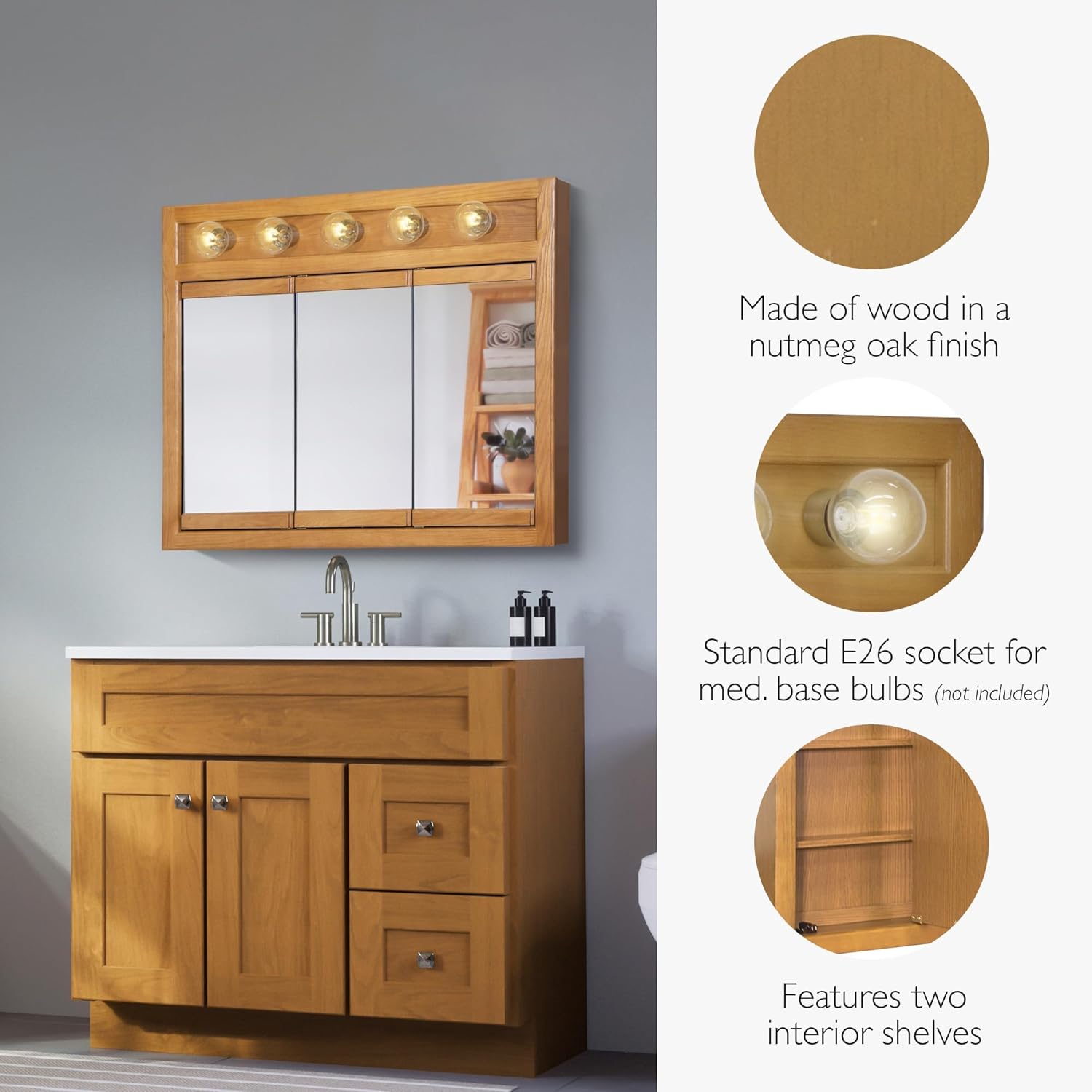 36 Inch Richland Bathroom Medicine Cabinet, Wall Mounted, Mirror, Oak – Design House, 530618-NOK