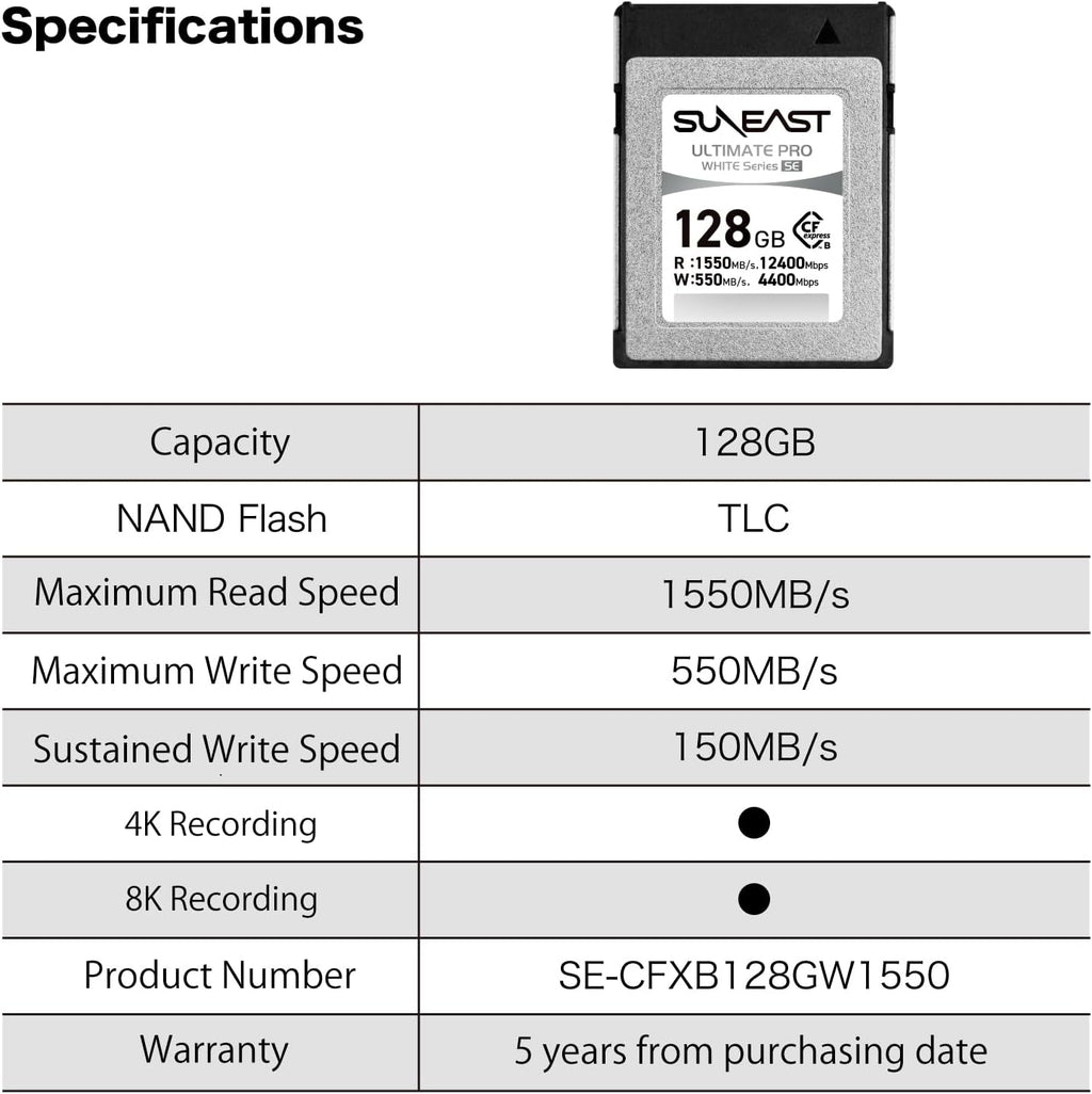SUNEAST Ultimate PRO White CFexpress Type B, 128GB Memory Card, Up to 1550MB/s Read, 550MB/s Write, TLC 8K Video Card for Professional Cameras, High-Speed CFexpress B, XQD-Compatible, Series SE