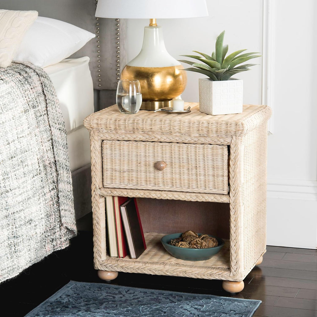 SAFAVIEH Home Collection - Adira Natural White Wash Wicker 1-Drawer Nightstand Accent Table, Coastal Boho Bedroom Storage Furniture with Shelf, 22.1"W x 16.5"D x 22.1"H (SEA8002A)