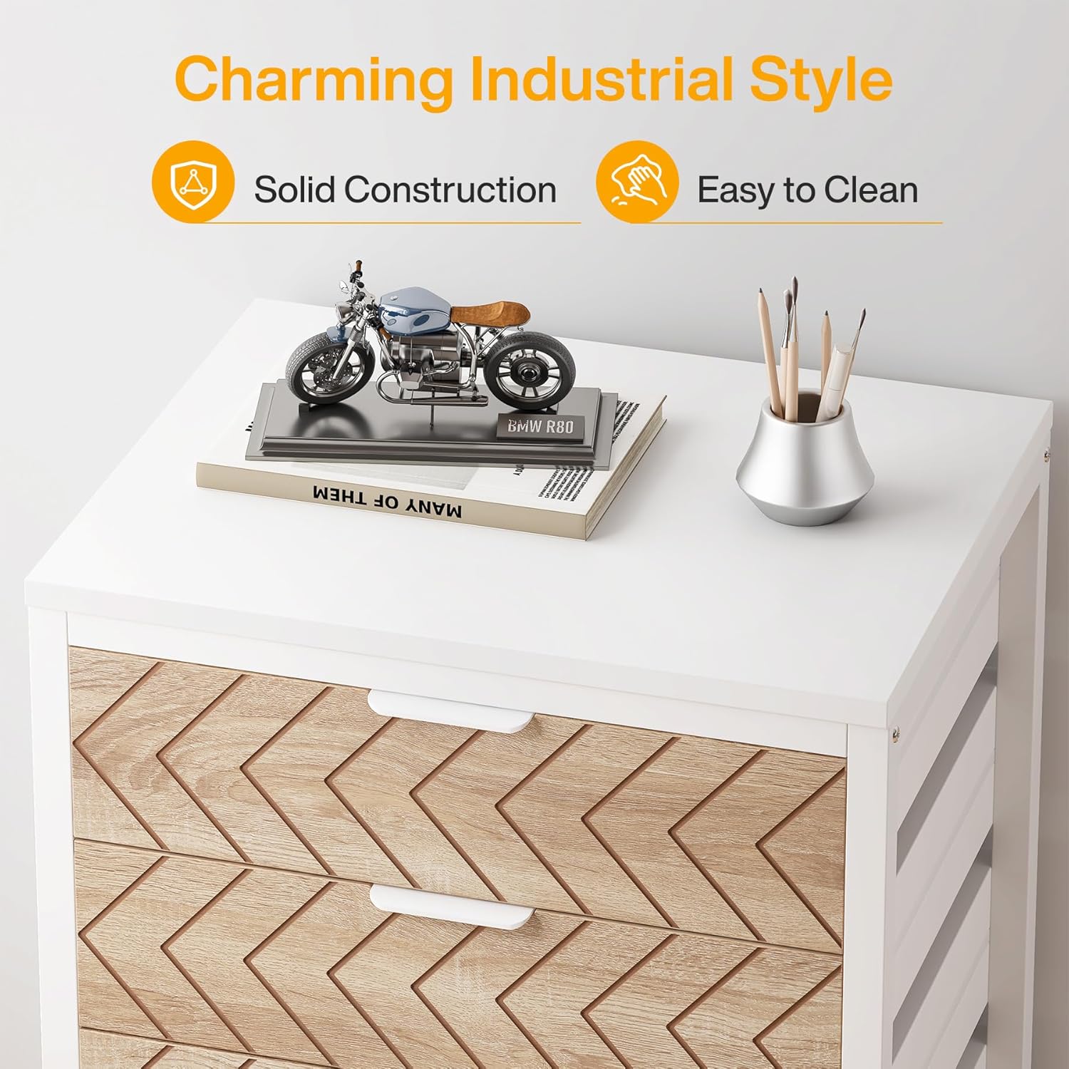 Tribesigns 5-Drawer File Cabinet, Wood Mobile Storage Drawer Unit, Industrial Office Cabinet with Drawers & Wheels, Rolling Printer Stand for Home Office, Beige & White