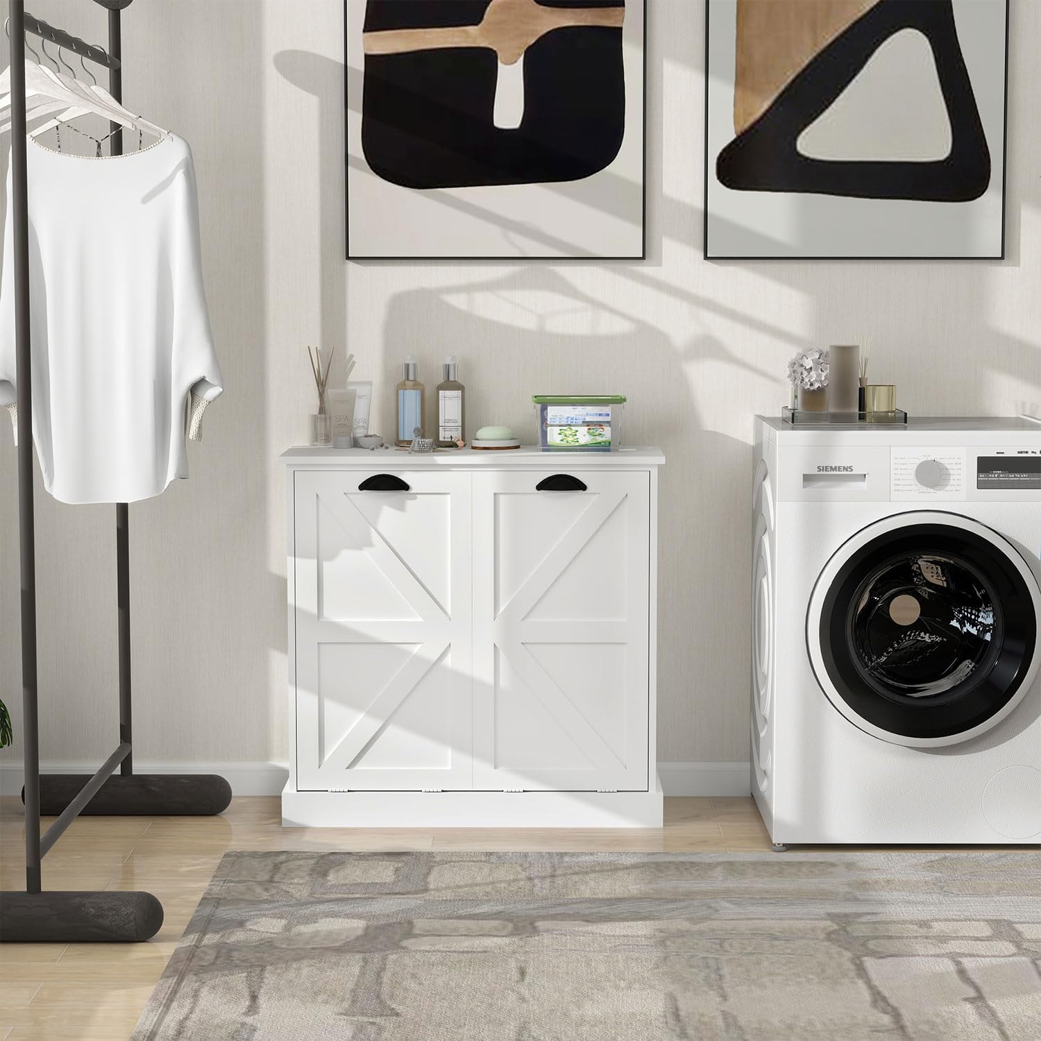 Bathroom Laundry Cabinet with 2 Baskets, Double Tilt Out Laundry Hamper Cabinet with Hidden Laundry Hampers, Freestanding Wooden Storage for Bathroom, Laundry Room, Kitchen