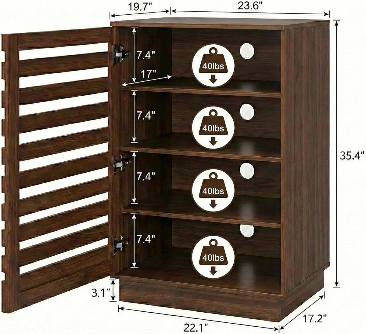 holzart Modern Slatted Audio Component Cabinet, 4-Tier Stereo Equipment Rack Media Stand with Ventilated Door & Cable Management, Rustic Brown 35.4" Tall