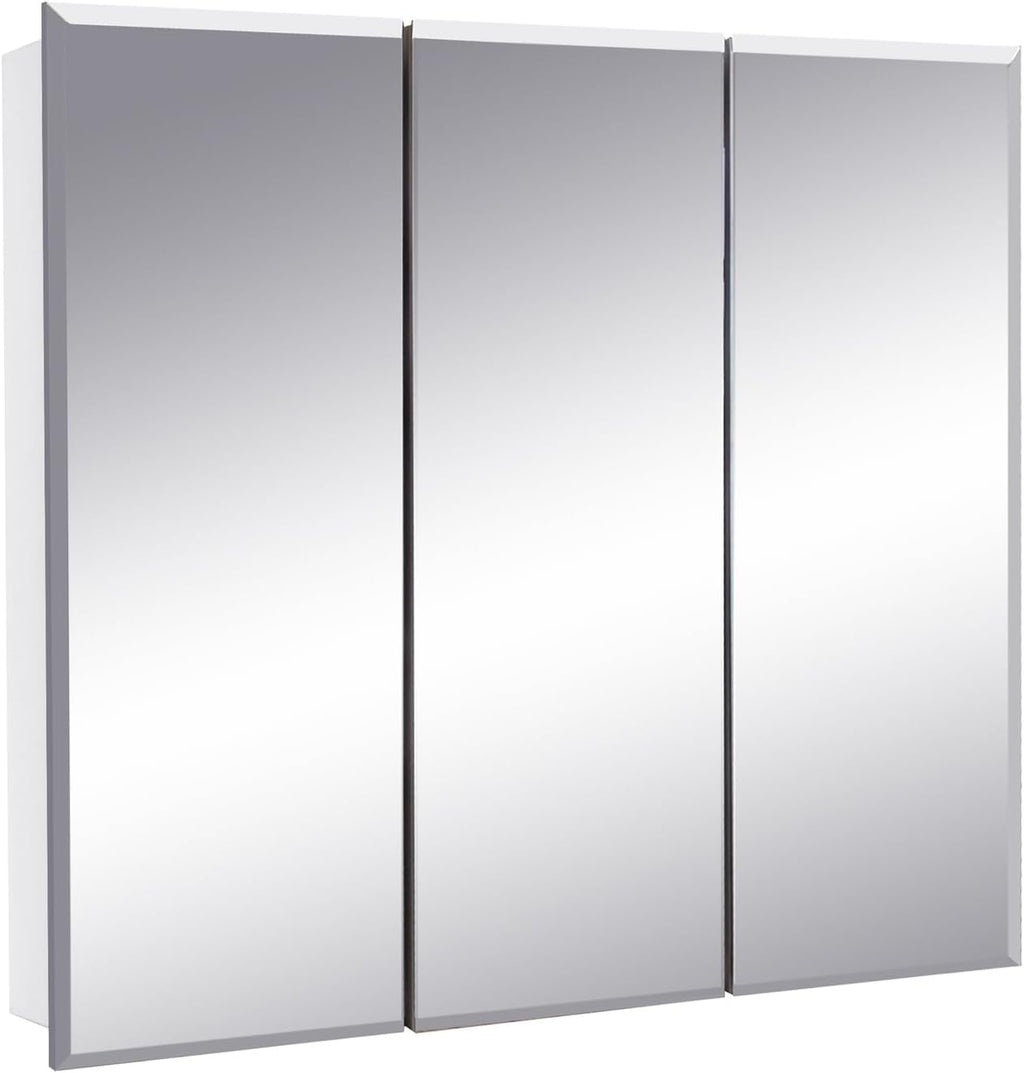 Design House Cyprus Bathroom Medicine Cabinet with Mirror, 25 Inch Recessed or Surface Mount Cabinet, 3 Frameless Mirrored Doors, 2 Shelves, White, Pre-Assembled, 597484