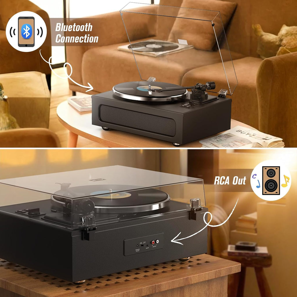 Record Player All-in-One Classic Turntable for Vinyls Records Built-in 4 Stereo Speakers High Fidelity Audio AT-3600L Phono Belt Drive Vinyl Players BT Wireless Pariing Aux-in RCA Auto Stop Pure Black