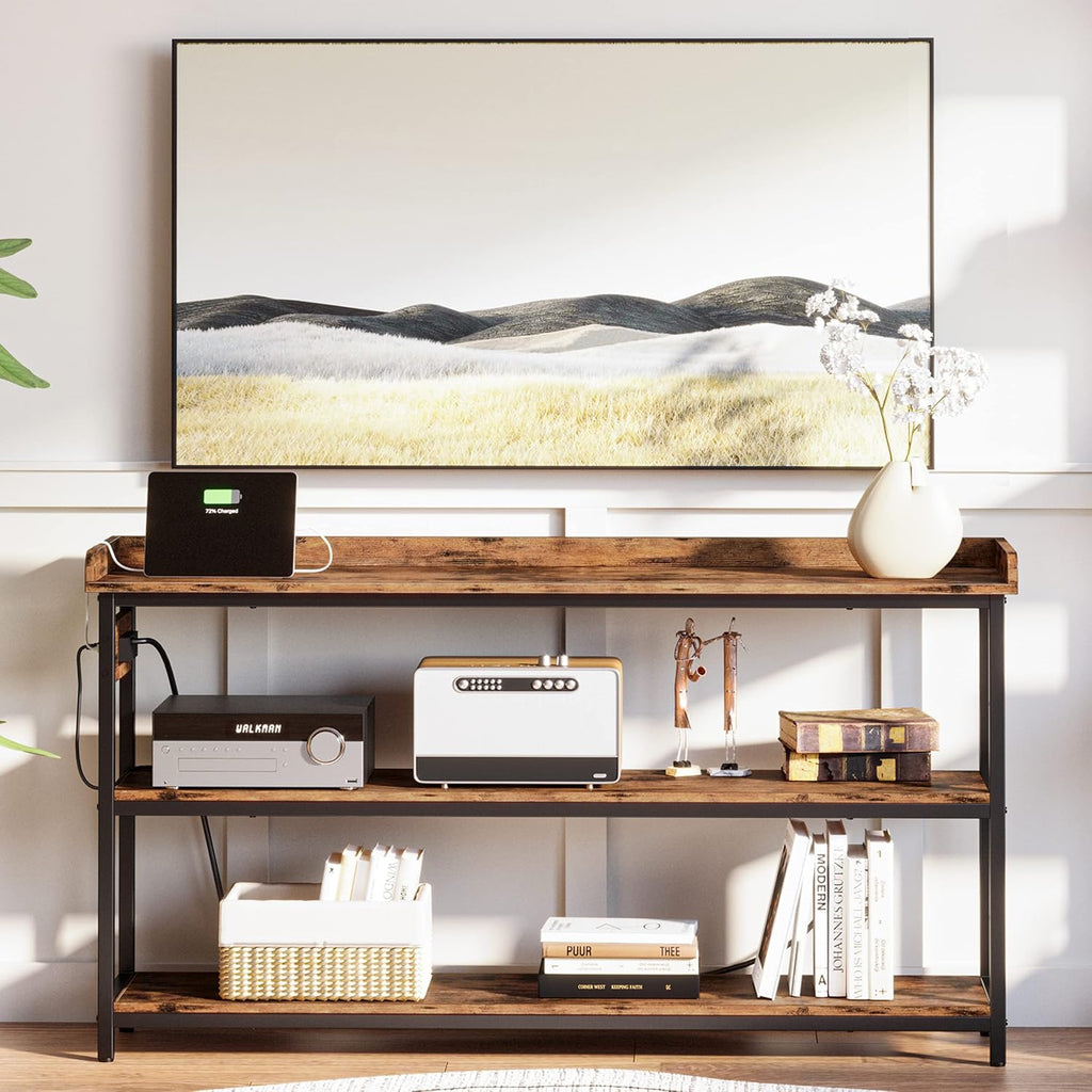 IRONCK Console Table, Sofa Table with Power Outlet, Farmhouse Hallway Table for Entryway, Living Room, Height Adjustable, Easy Assembly, Rustic Brown,55"