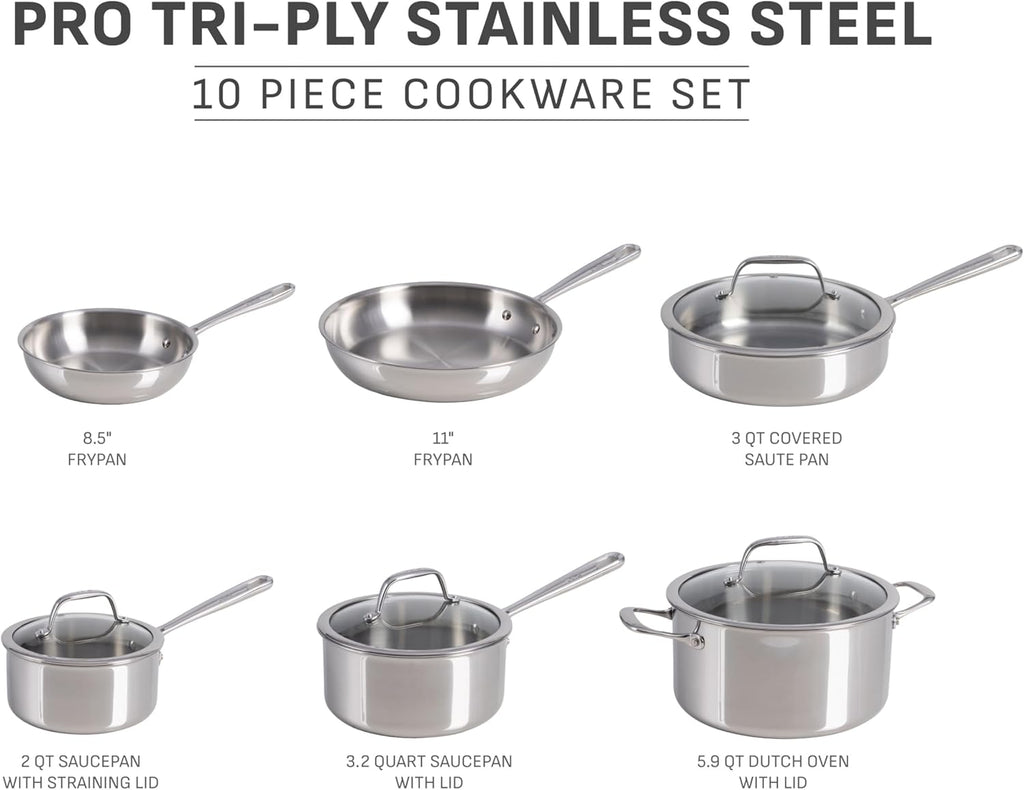 T-fal Pro Tri-Ply Stainless Steel Cookware Set, 10 Piece-Induction Compatible, Oven Safe 500F, Lids-350F, Even Heat, Professional Quality, Durable, Induction Pots and Pans Set, Silver