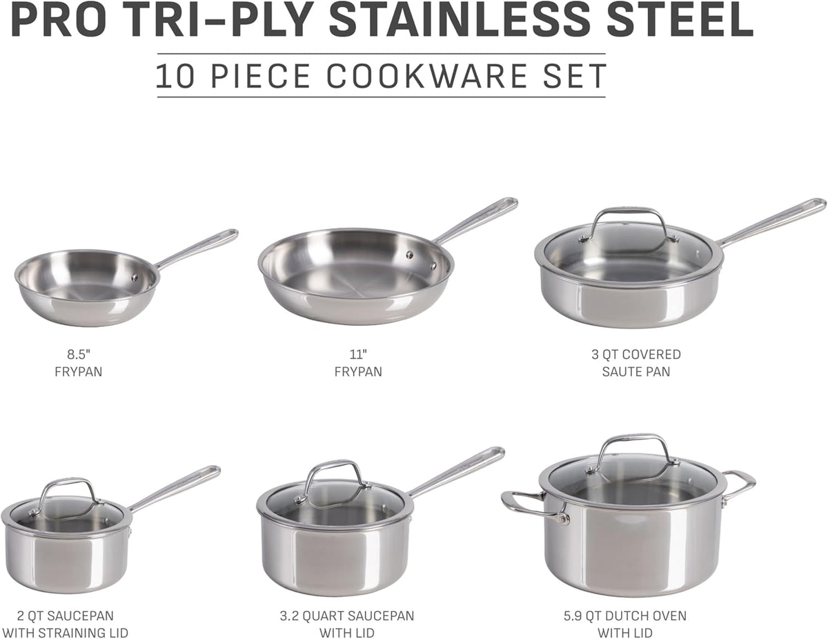 T-fal Pro Tri-Ply Stainless Steel Cookware Set, 10 Piece-Induction Compatible, Oven Safe 500F, Lids-350F, Even Heat, Professional Quality, Durable, Induction Pots and Pans Set, Silver