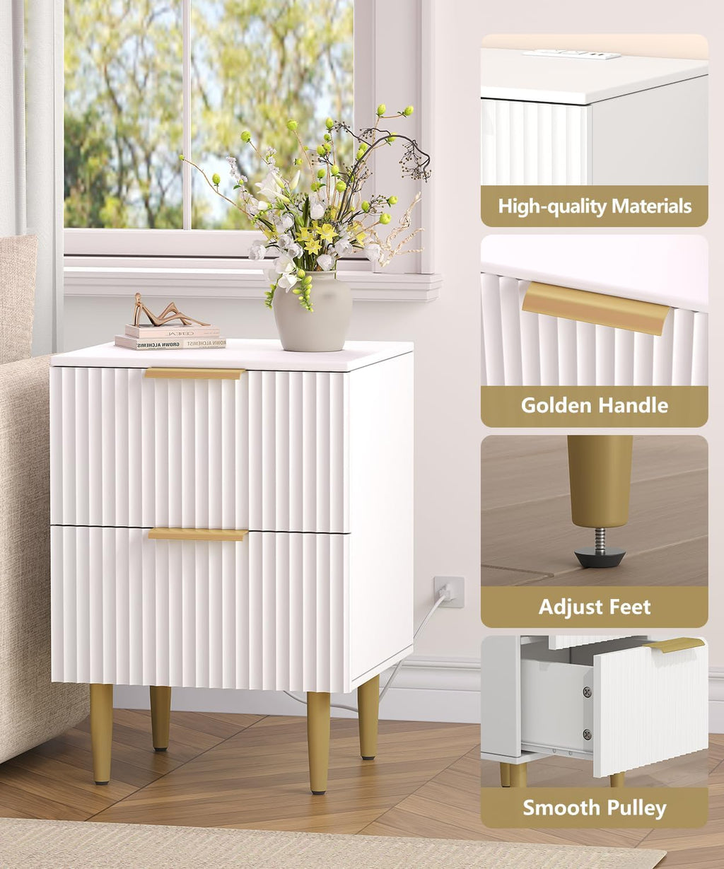 Akxomel White Nightstand Set of 2, Fluted Night Stand with Charging Station, 13.8" D x 15" W x 23.2" H, 2 Drawers Modern Bedside Table with USB Ports and Outlets, Golden Side Table for Bedroom