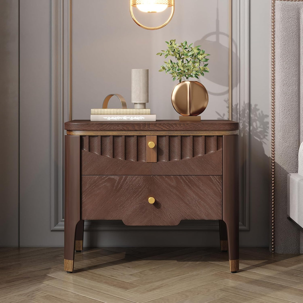 Christopher Knight Home Lehend Modern Rectangular Nightstand with Drawers, Bedside Table/End Table with Metal Button Handle for Bedroom/Living Room, Storage Cabinet with 2 Drawers, Brown