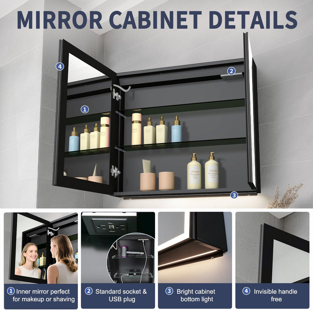 Lighted Medicine Cabinet with Mirror, 30 x 28 inch LED Bathroom Mirror Cabinet with Anti-Fog, Dimmable 3 Colors Front & Bottom Light, Buit-in Sockets & USBs, 2 Shelves, No Assembly Required