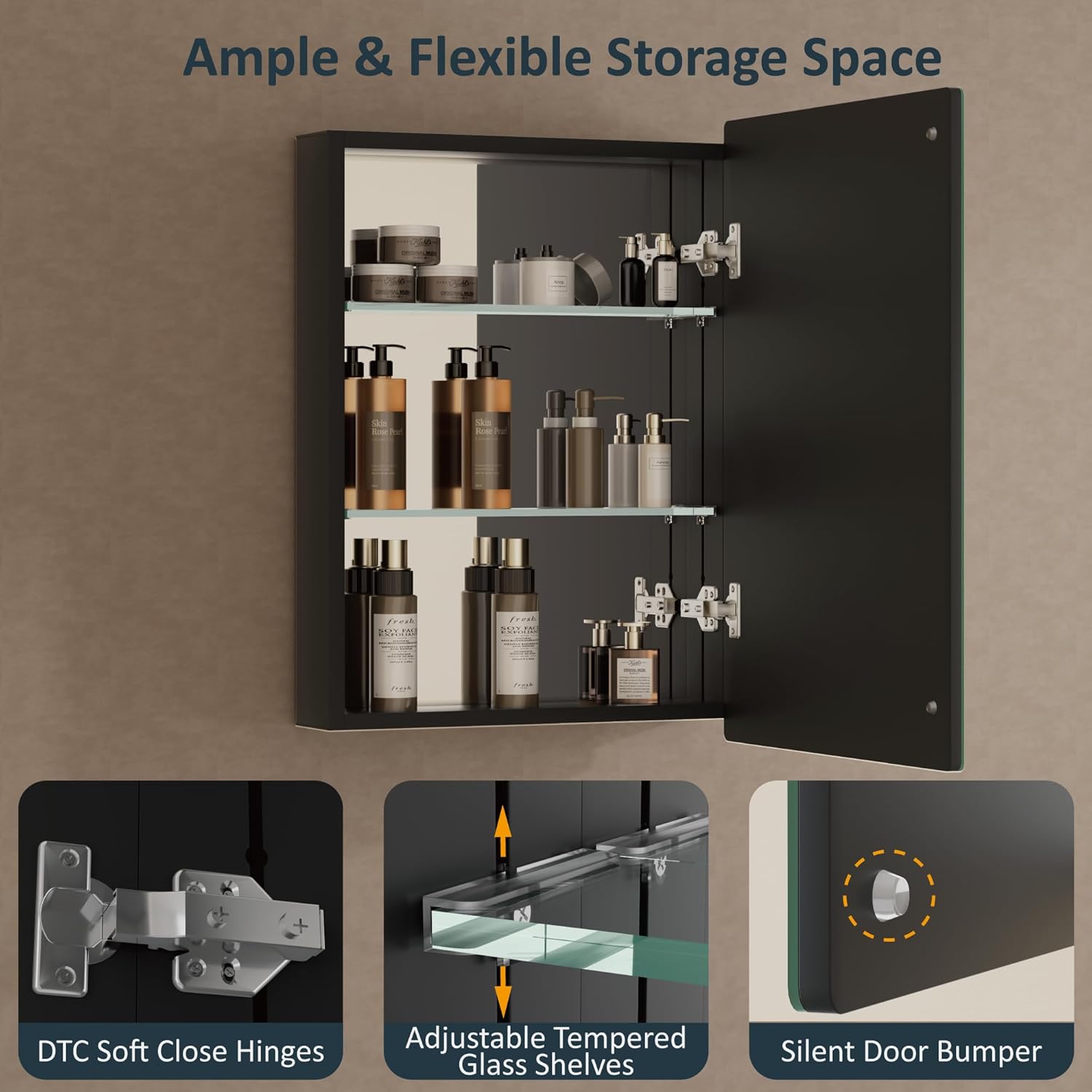 14”x24” Wall Mounted Medicine Cabinet with Mirror, 13.1” x 21.1” Recessed Bathroom Cabinets for Storage, Adjustable Tempered Glass Shelves, Soft-close DTC Hinges, HD Reflection, Pre-assembled, Black