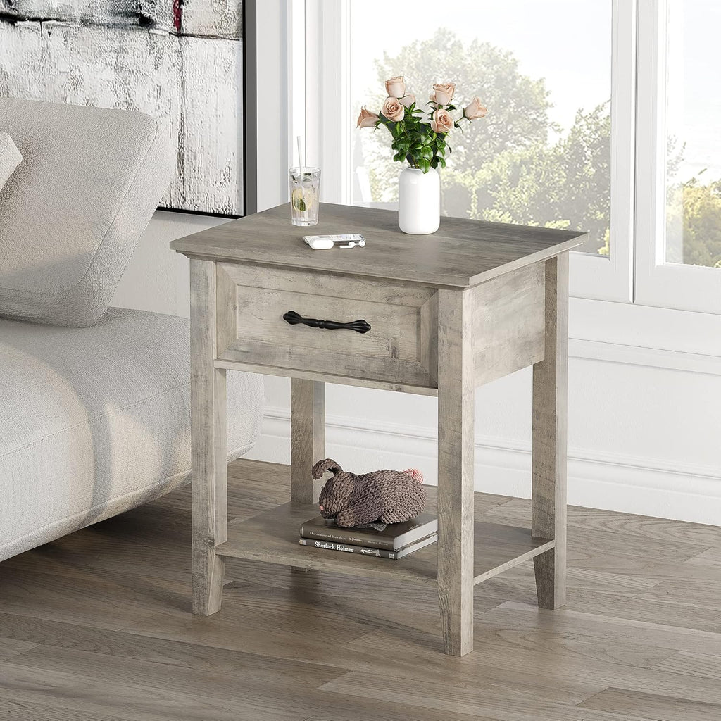 IDEALHOUSE Grey Nightstands Set of 2, End Table with Drawer, Side Table for Spaces, 2 Tiers Storage Shelves with Dresser, Bedside Table for Living Room, Bedroom, Dorm (2pcs-Grey)