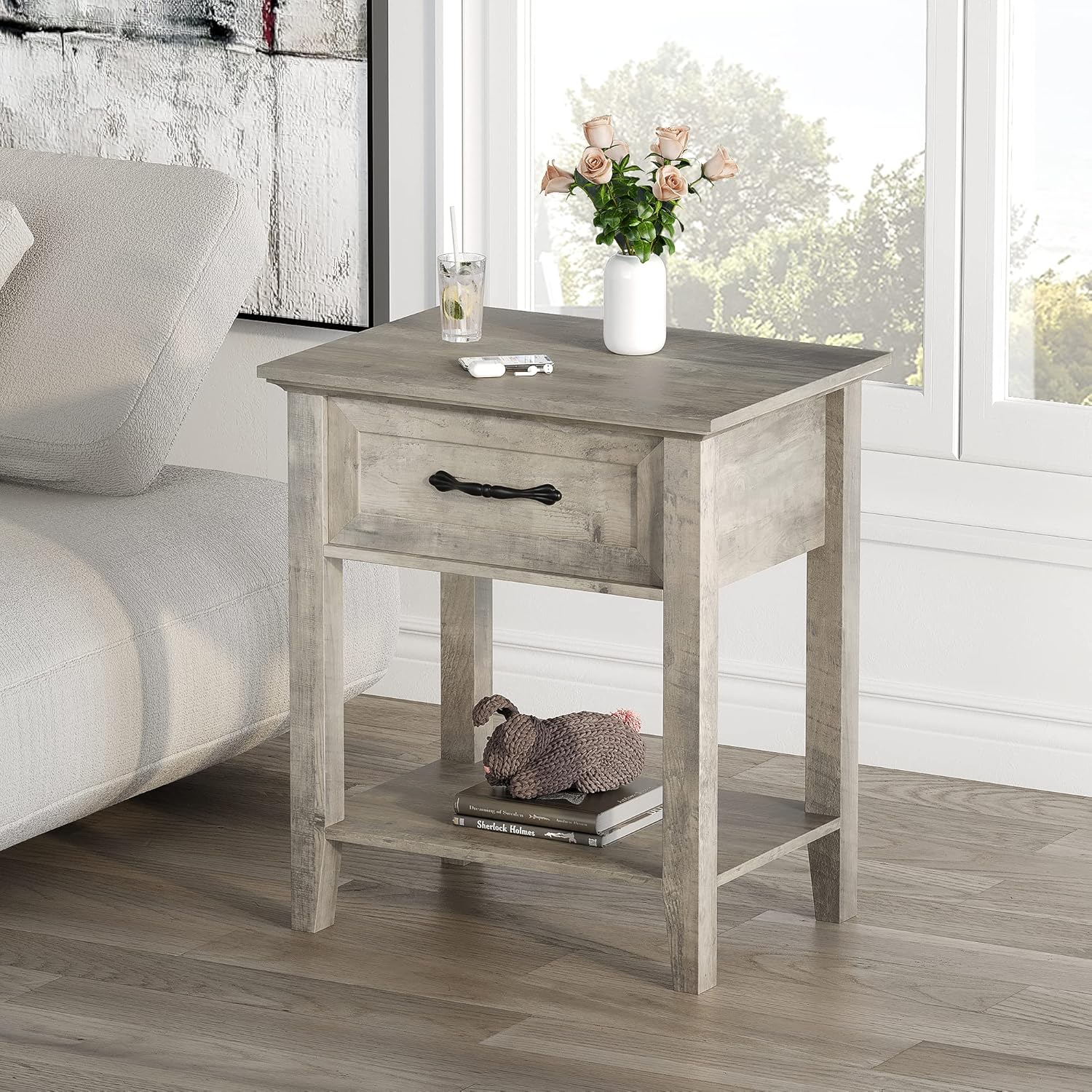 IDEALHOUSE Grey Nightstands Set of 2, End Table with Drawer, Side Table for Spaces, 2 Tiers Storage Shelves with Dresser, Bedside Table for Living Room, Bedroom, Dorm (2pcs-Grey)
