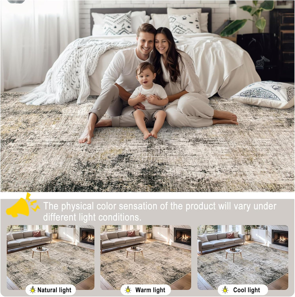 Area Rugs 9x12 Living Room - Washable Rug Modern Abstract Soft Large Neutral Non-Slip Carpet Indoor Floor Thin Carpets for Bedroom Dining Room Farmhouse Nursery Home Office Brown Black Grey