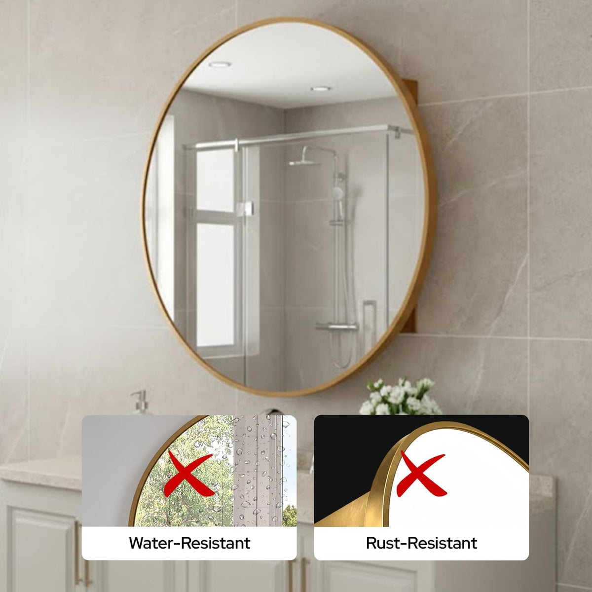 HOUSE REFLECTION 28 Inch Round Medicine Cabinets for Bathroom – Metal Frame, Adjustable Glass Shelves, HD Distortion Free Mirror Glass, Rust Resistant & Moisture-Proof, Mirrored Cabinet Door,Gold