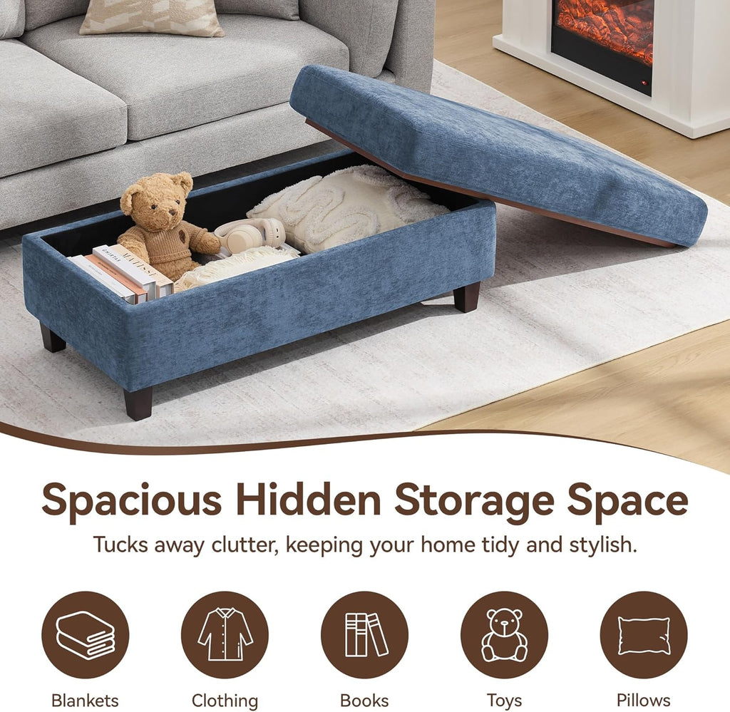 45 Inch Large Storage Ottoman Bench with Wooden Tray Coffee Table, Blue Chenille Upholstered Foot Rest, Multifunctional Foot Stool Ottoman for Living Room, Bedroom & Entryway, Solid Wood Legs