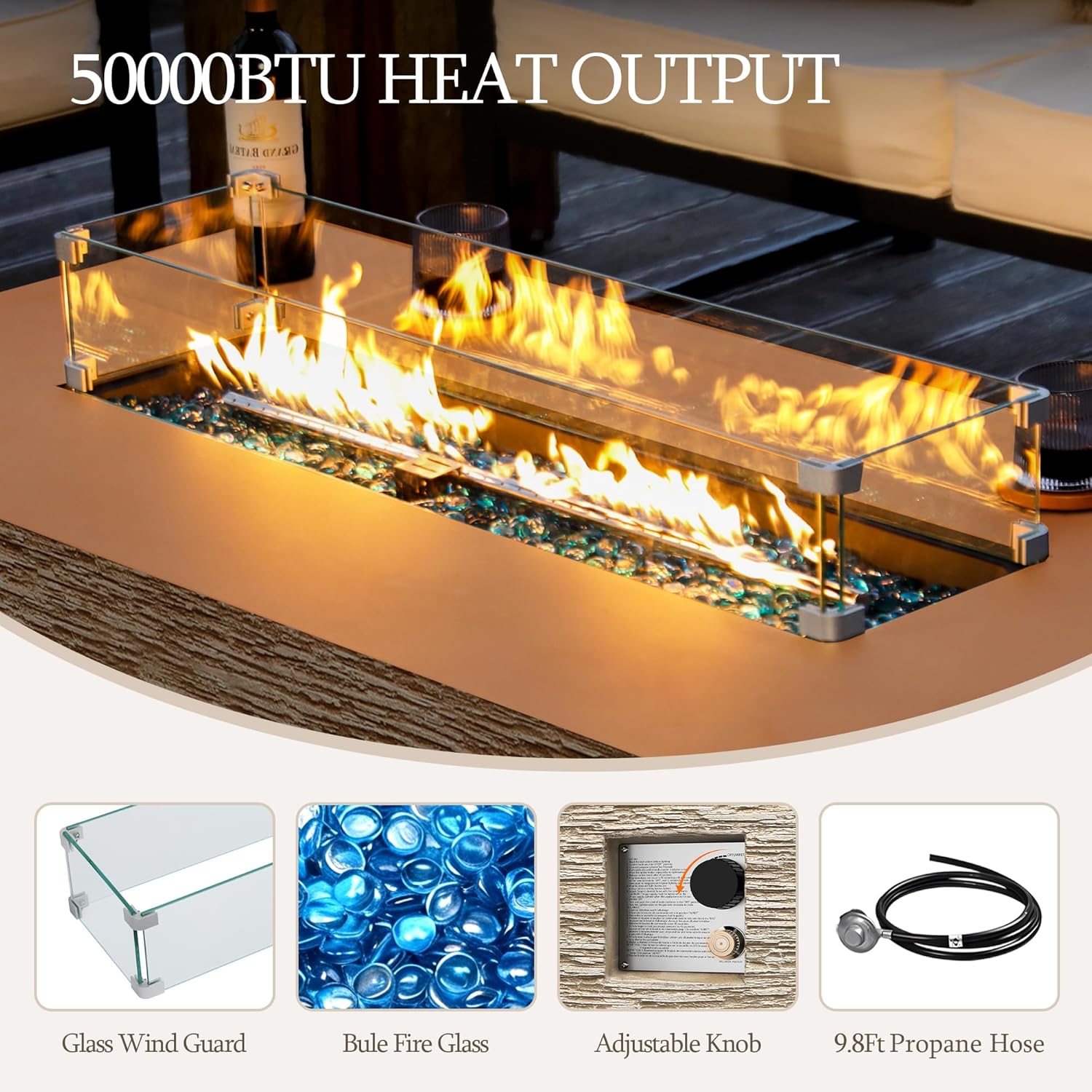 UPHA 56-inch Outdoor Propane Gas Fire Pit Table 50000 BTU Concrete Rectangle FirePit for Outside Patio with Propane Tank Cover, Wind Guad, Blue Glass Rocks, Rain Cover, Beige