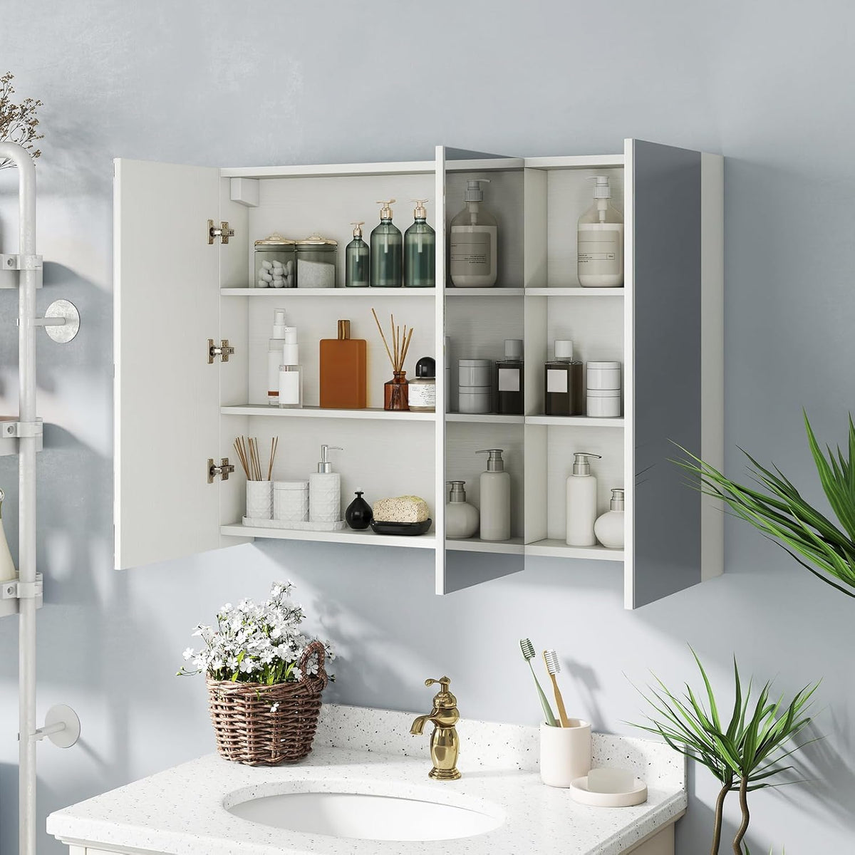 NAFORT Mirrored Medicine Cabinet, 3-Door Wall Mounted Storage Cabinet with Adjustable Shelves, Large Bathroom Wall Cabinet Organizer with Frameless Mirrors, Recessed or Surface Mount